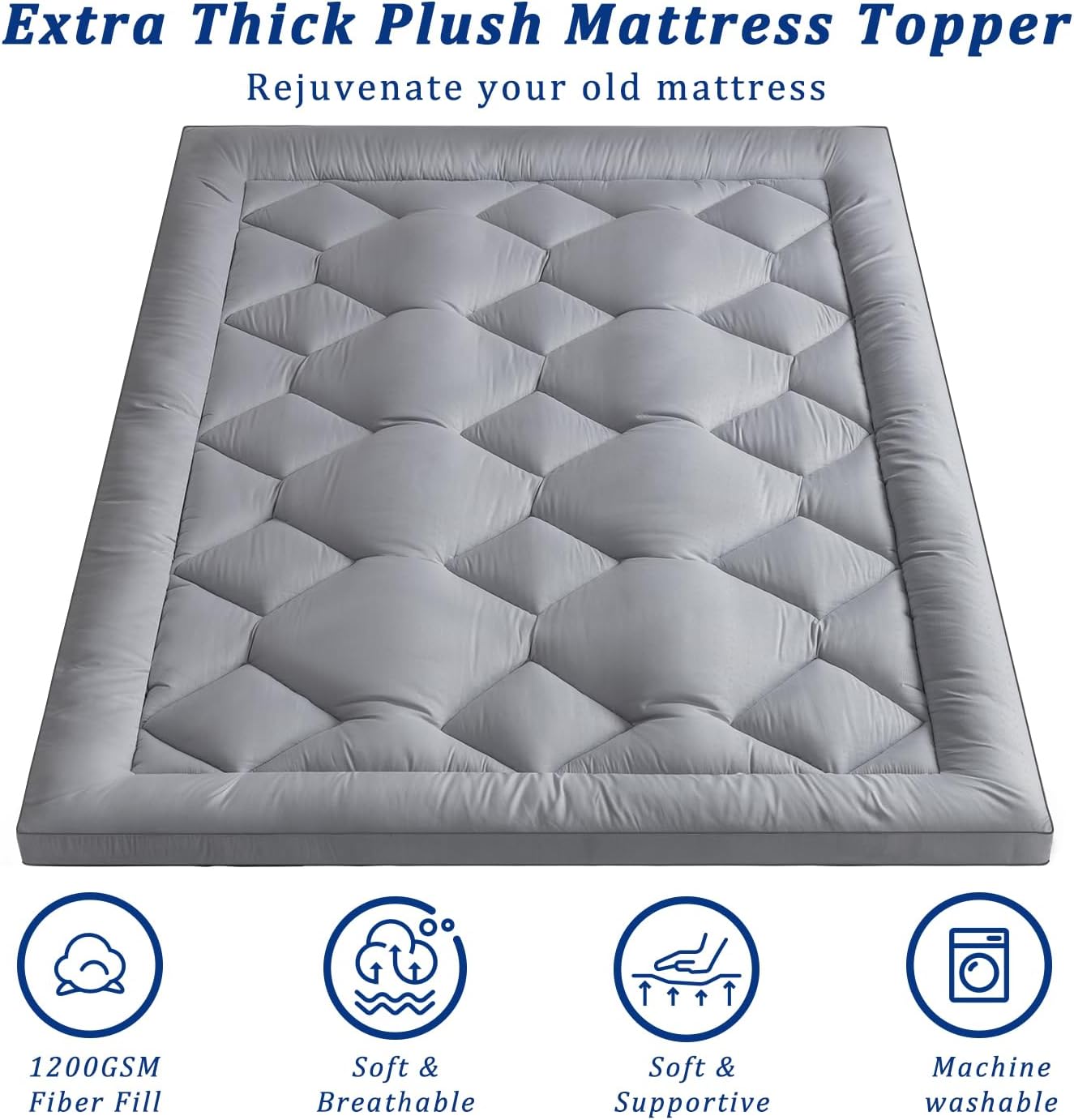 FLEXPEDIC Mattress Topper Queen,Extra Soft Pillow Top Mattress Topper for Firm Bed,1200GSM Extra Thick Mattress Pad Cover for Back Pain,4 Anchor Elastic Bands,60 * 80 Inches,Gray