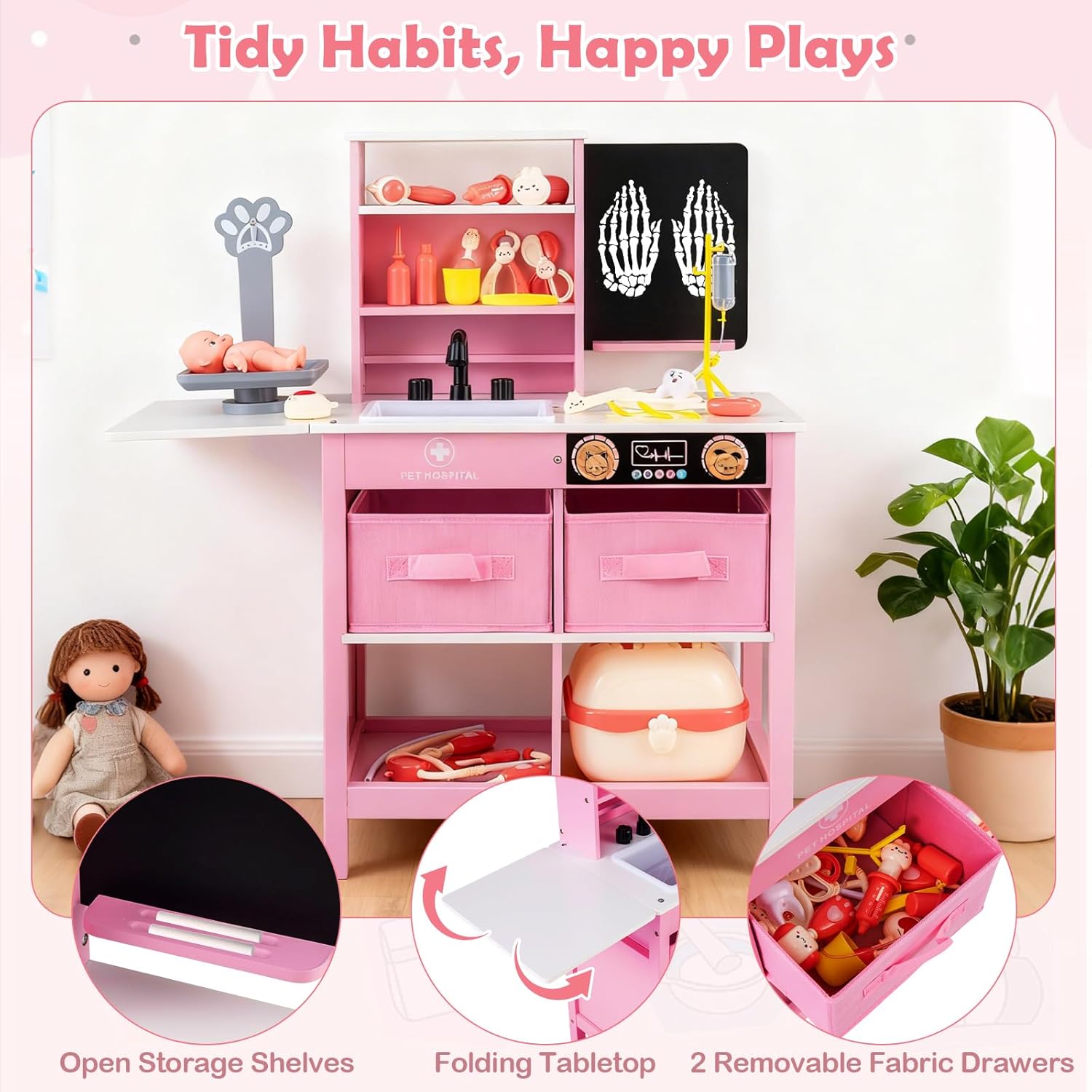 Costzon Kids Wooden Doctor Playset, Medical Activity Center Toy Set w/Blackboard, Pet Scale, Faucet, Sink, Folding Tabletop, Drawers, Carrying Case, Pretend Hospital Playset for Boys Girls 3+ (Pink)