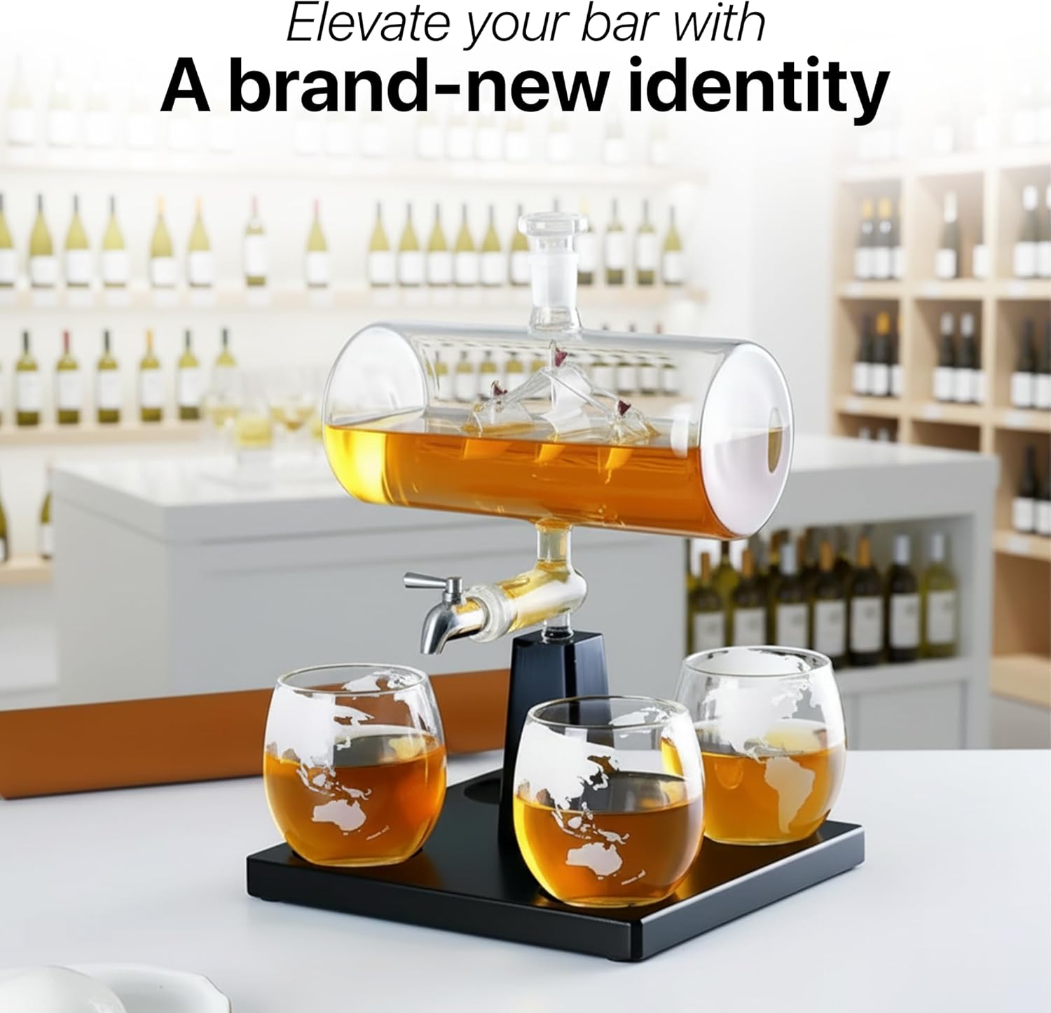 Boat Whiskey Decanter Set with 4 Glasses – 1100ml Elegant Ship-in-Bottle Design on Wooden Base – Premium Glass & Wood, 310ml Glasses – Luxury Gift for Whiskey Lovers, Office or bar