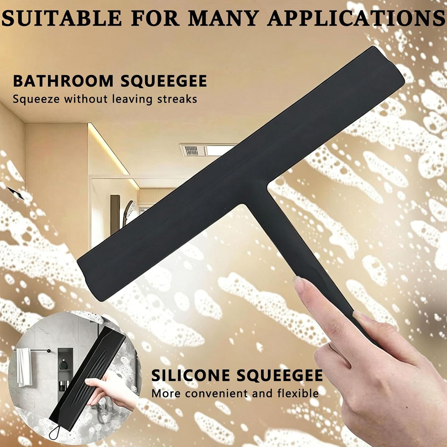 2PACK Shower Squeegee for Glass Doors All-One-Piece Silicone with Hook image 2