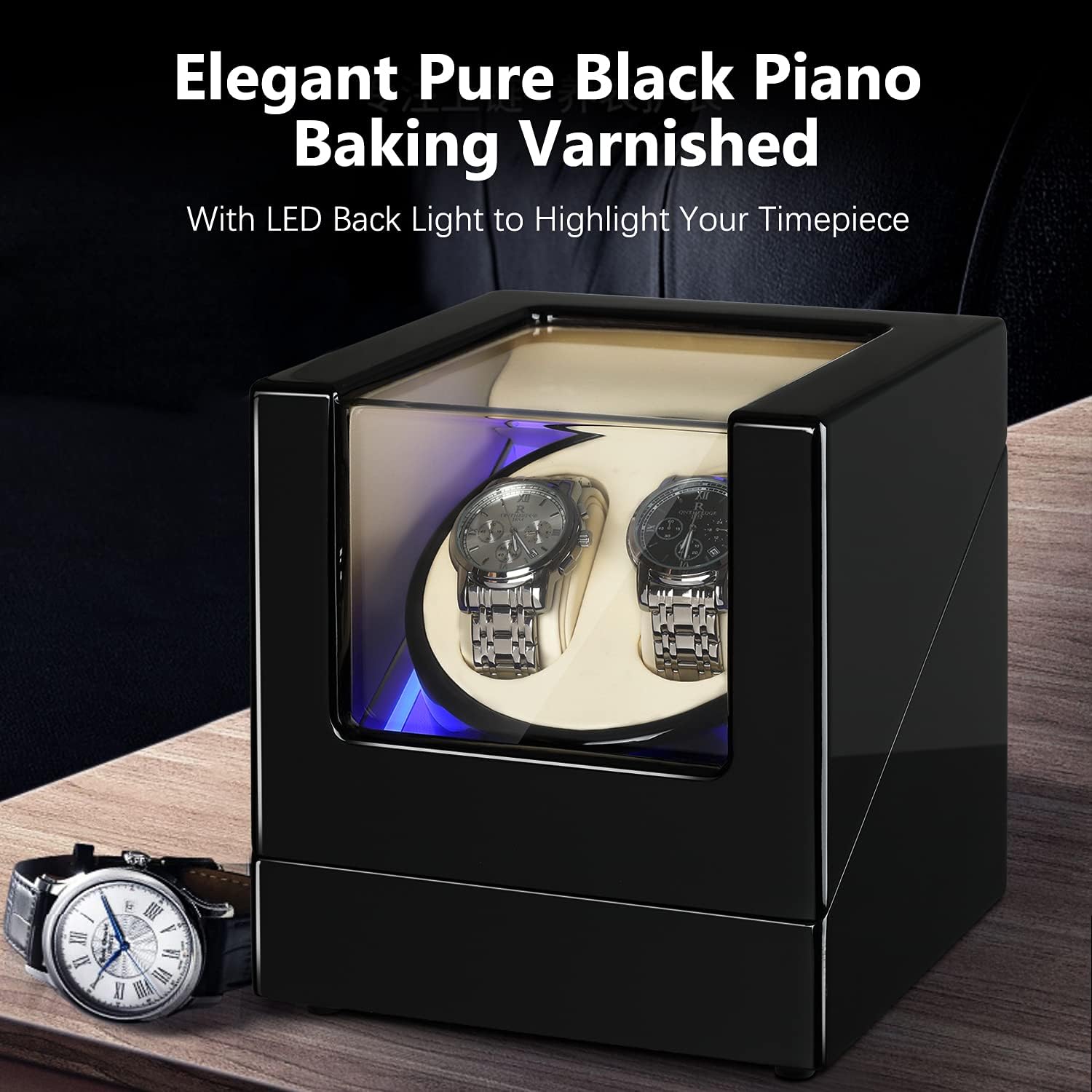 CHIYODA Dual Watch Winder for Double Automatic Watches Wooden Box Blue Back Light with Black Piano Finish Mabuchi Quiet Motor : Clothing, Shoes & Jewelry
