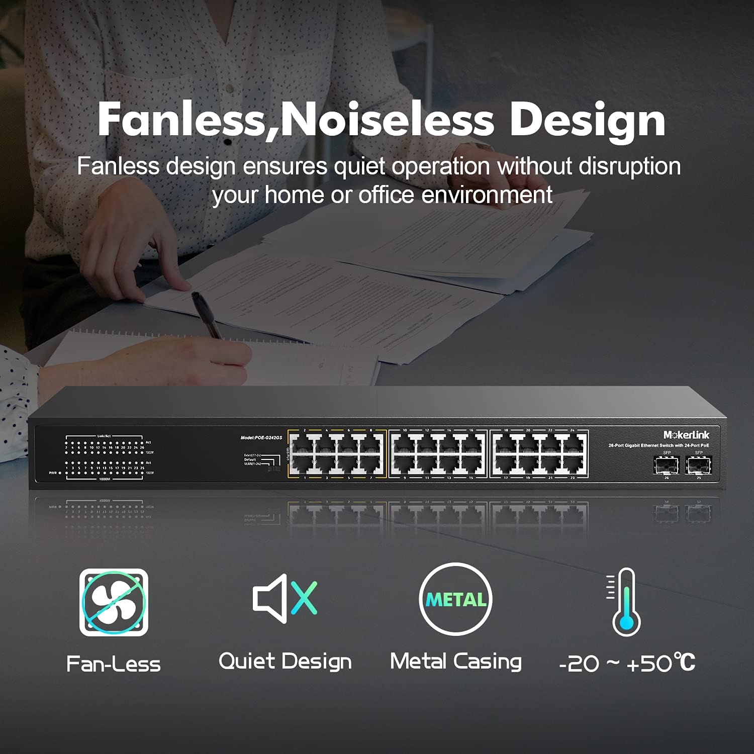 MokerLink 26 Port Gigabit PoE Switch, 24 Gigabit PoE+ Ports, 2 Gigabit SFP Uplink, 300W IEEE802.3af/at, Fanless Rackmount Unmanaged Plug and Play Ethernet Switch
