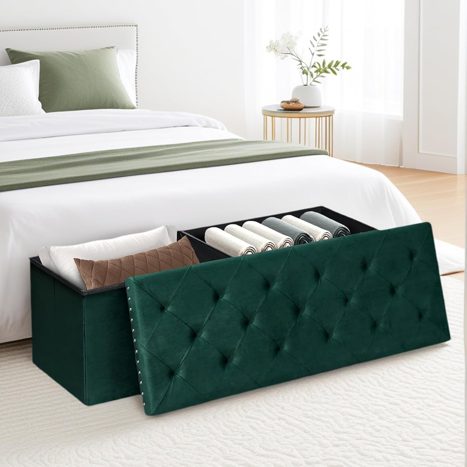 Storage Ottoman Bench, 43 Inches Folding Green Velvet Long Ottoman with Storage for Bedroom 43.7" L x 15.7" W x 15.7" H