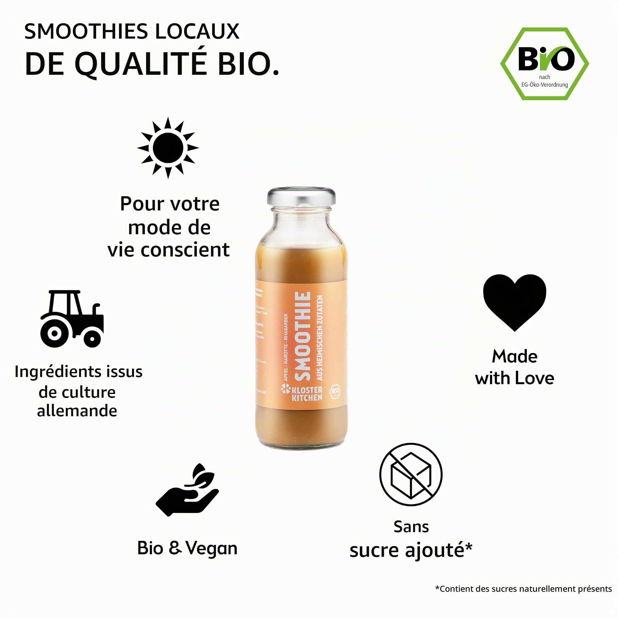 Mix de Smoothies bio Kloster Kitchen 6x 250 ml, 3 saveurs I Set rouge jaune vert vegan | Superfood petit-déjeuner I Bouteille en verre à emporter I Superaliment - Fraises, Carottes, Concombre.