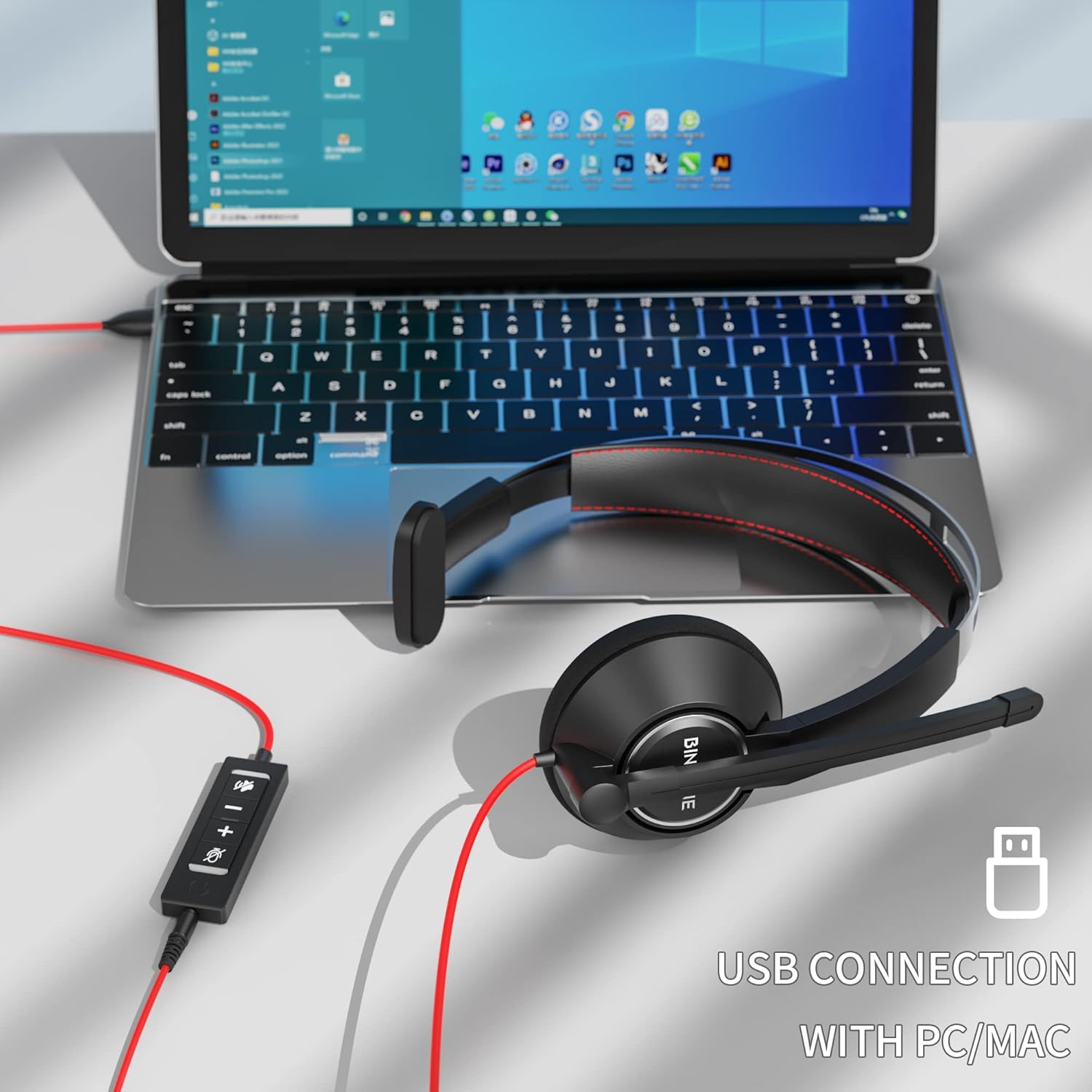 BINNUNE BH02 headset connected to a laptop via USB