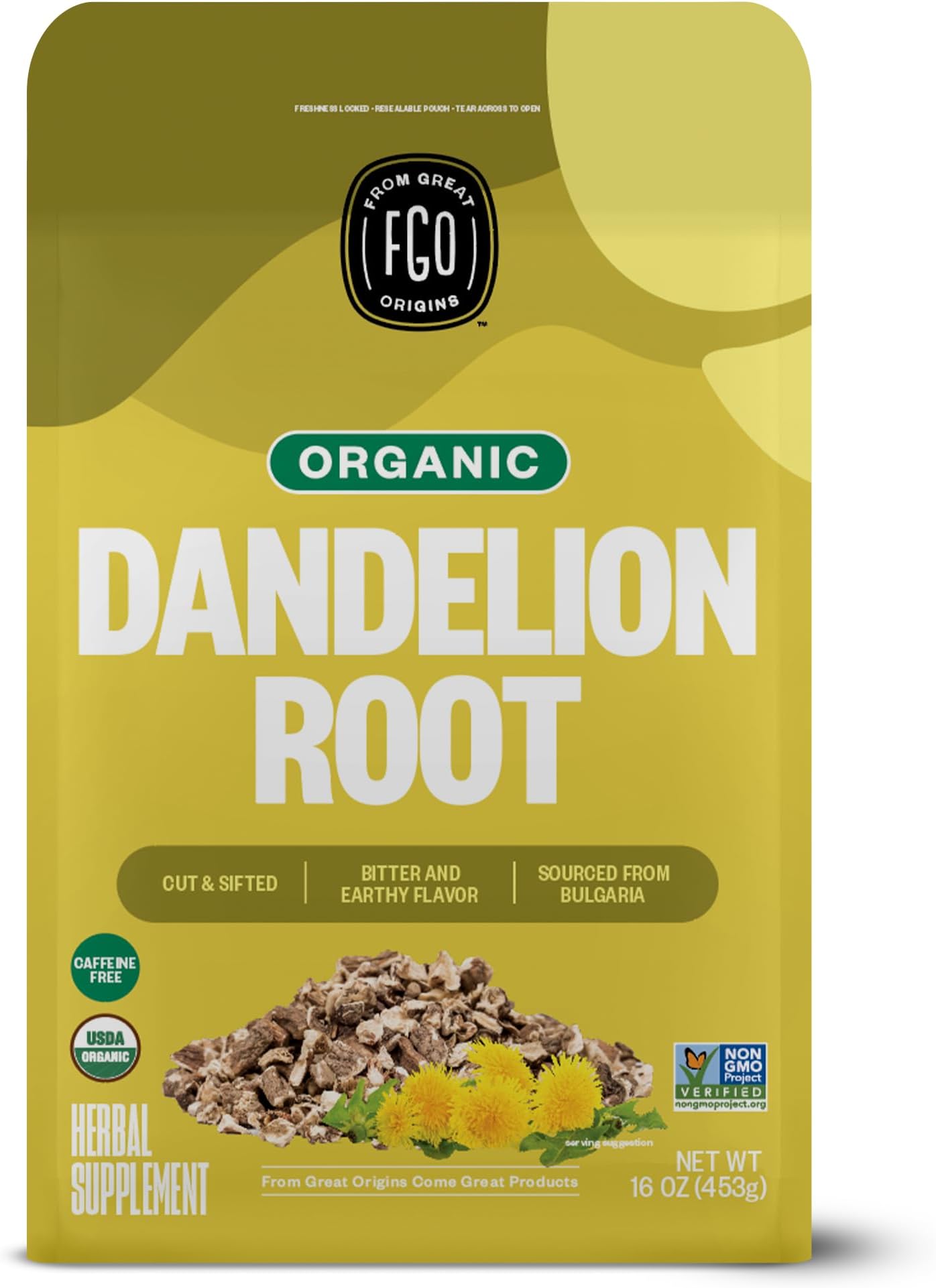 FGO Organic Dandelion Root Loose Tea, Cut and Sifted, Caffeine Free, 16oz Bulk Resealable Bag, Packaging May Vary (Pack of 1)
