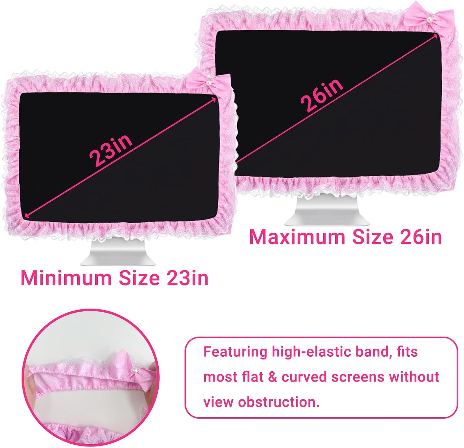 Bow Lace Monitor Dust Cover 23-26in, Computer TV Screen Protector, Pink | Cute Bow Lace Monitor Cover — Elastic Dust Proof Stretchy Protector for 23-26 Inch Computer TV Screens, Kawaii Desk Decor