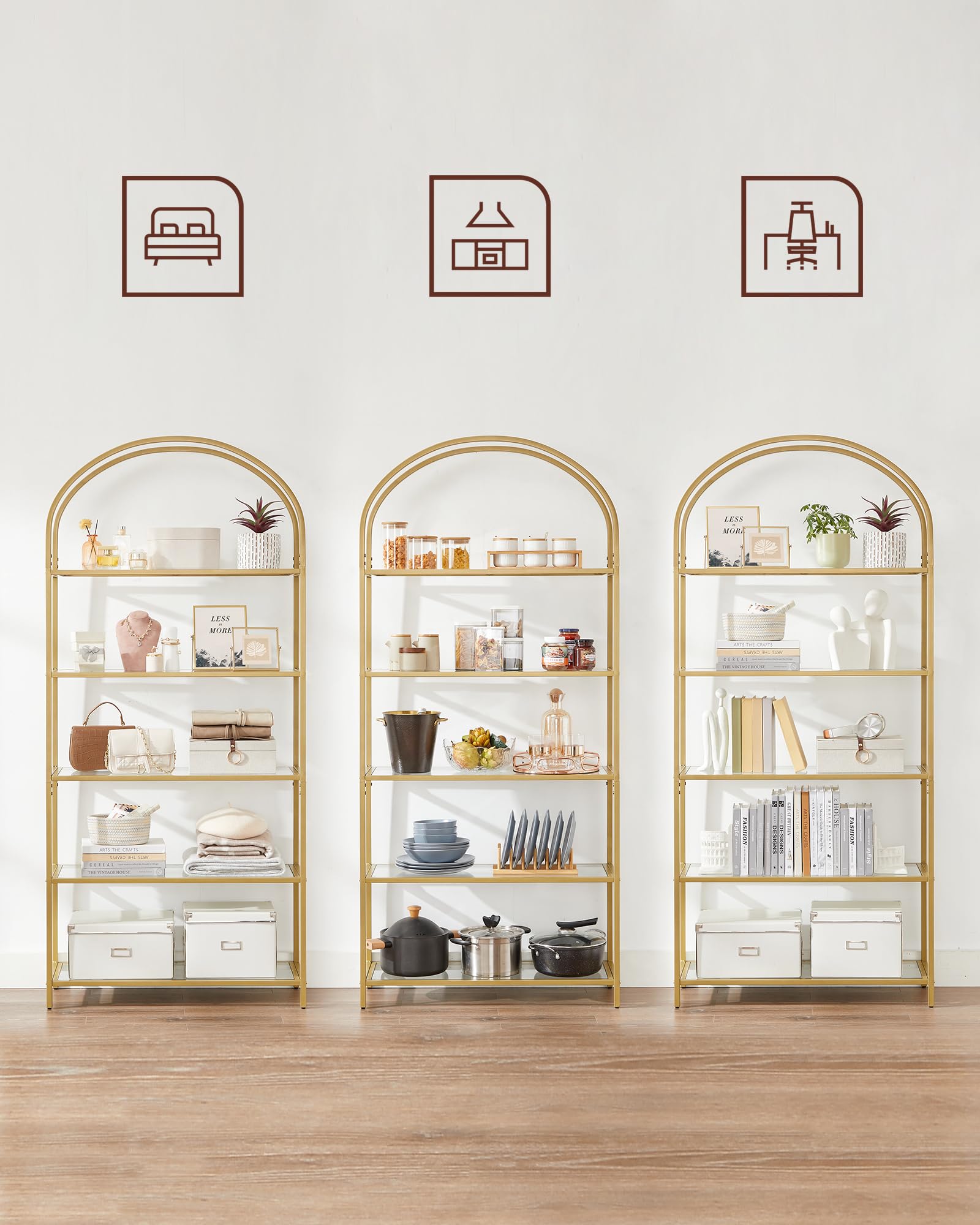 VASAGLE Regal, Bücherregal 5 Ebenen, Standregal aus Hartglas, Aufbewahrungsregal, bogenförmig, Metallstruktur, für Wohnzimmer Schlafzimmer Arbeitszimmer Bad, goldfarben-transparent LGT050A01