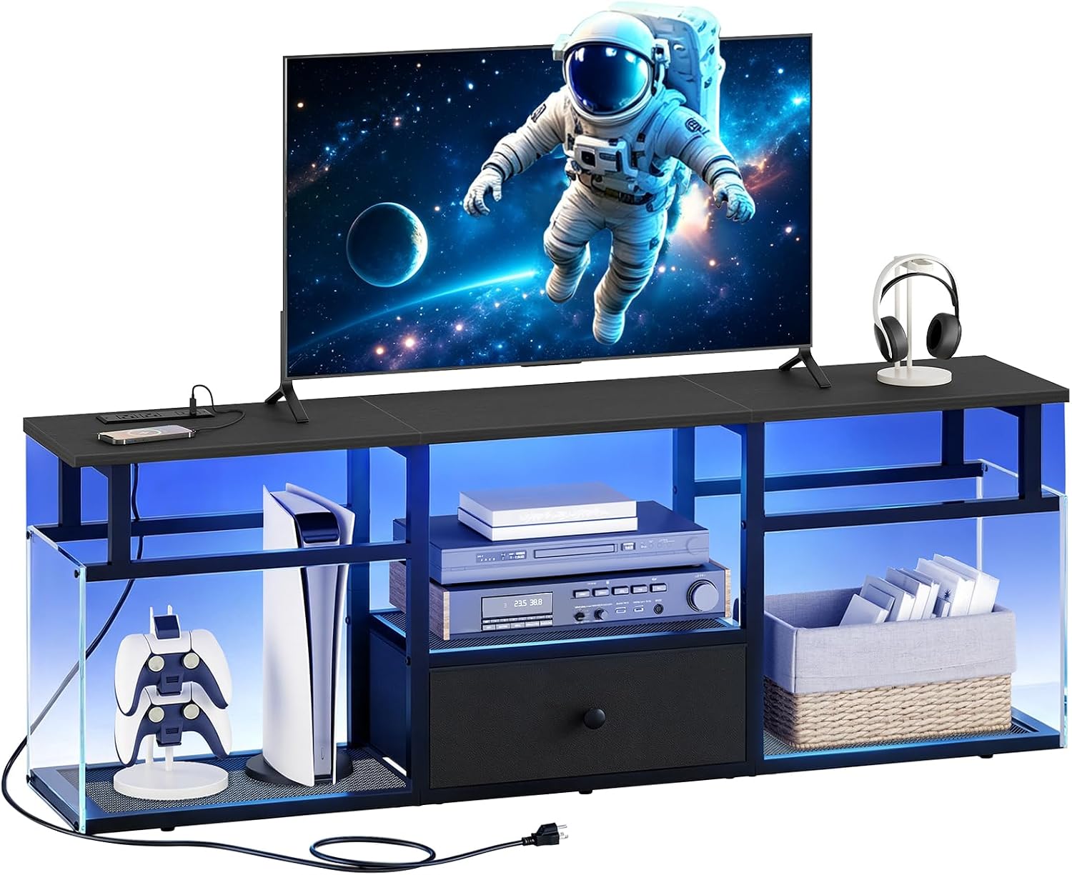 YATINEY TV Stand for 55 Inch TV, Media Console with LED Light, Power Outlet