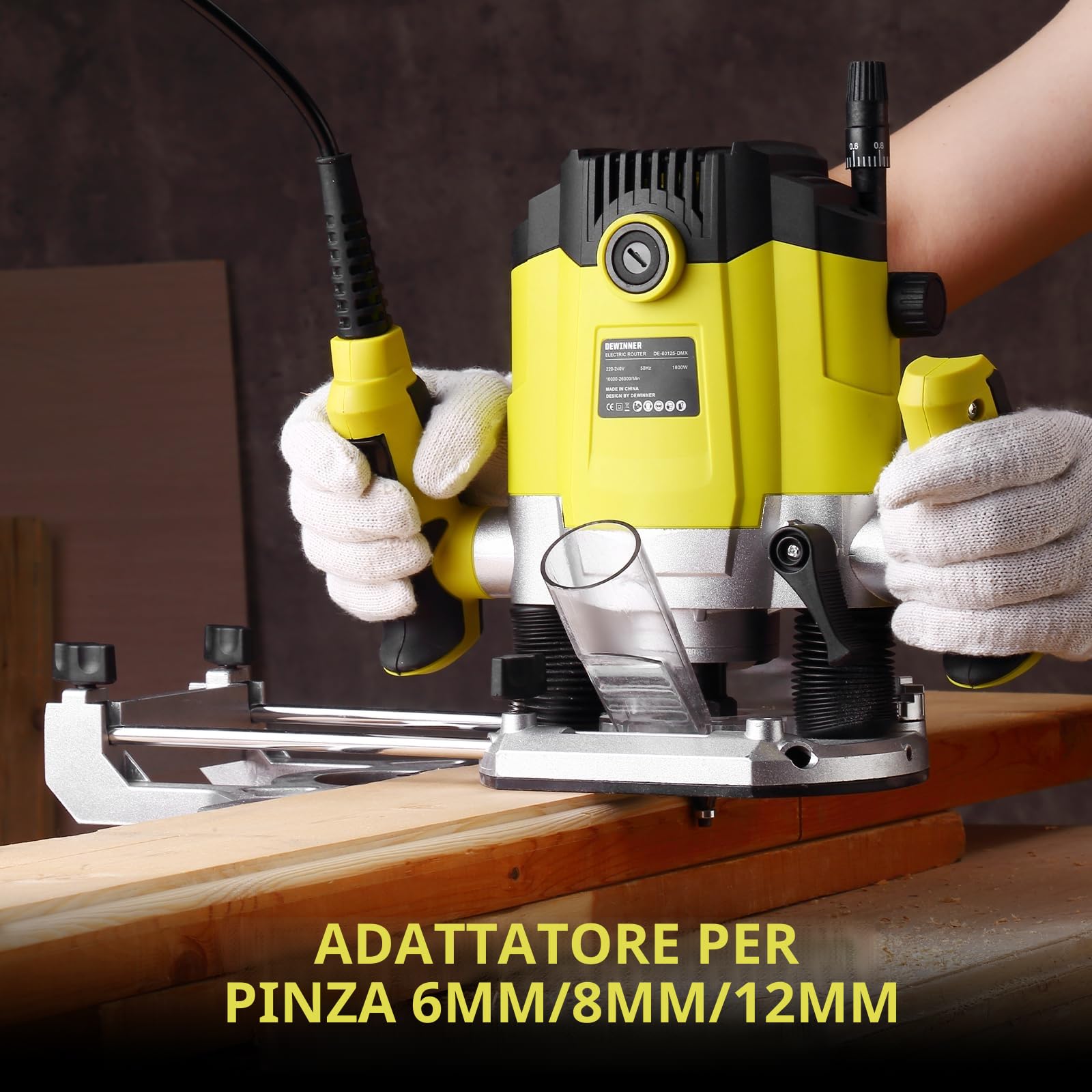 Fresatrice Verticale Legno 1800 W 10000-26000 giri/min DEWINNER, Fresatrice per Legno con Set di 12 frese,7 Velocità,Pinza 6/8/12 mm, Regolazione Della Profondità Della Fresa, Borsa di Tela