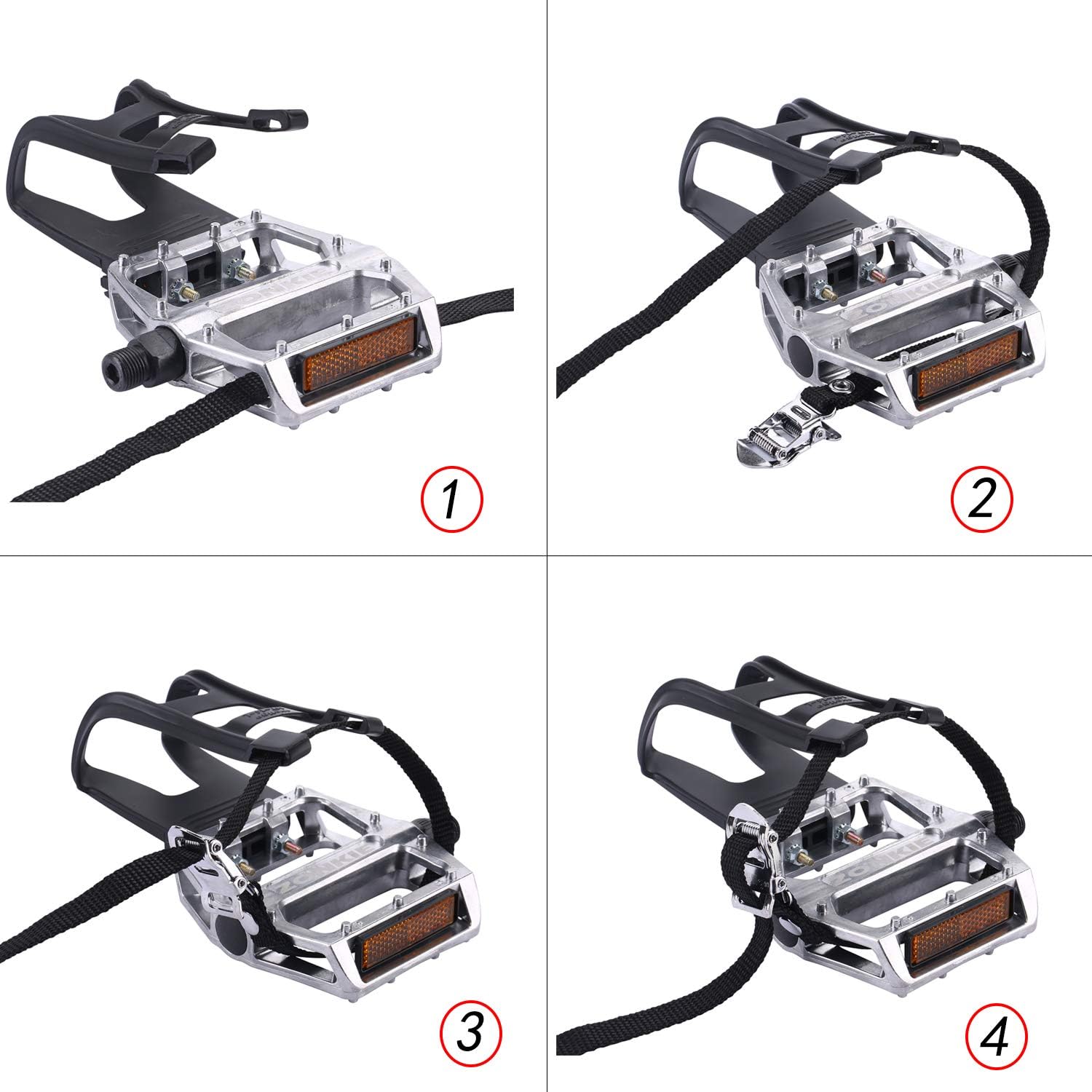 zonkie Bike Pedals with Clips and Straps for Outdoor Cycling Indoor Stationary Bike 9/16 Inch (Silver) - Image 4