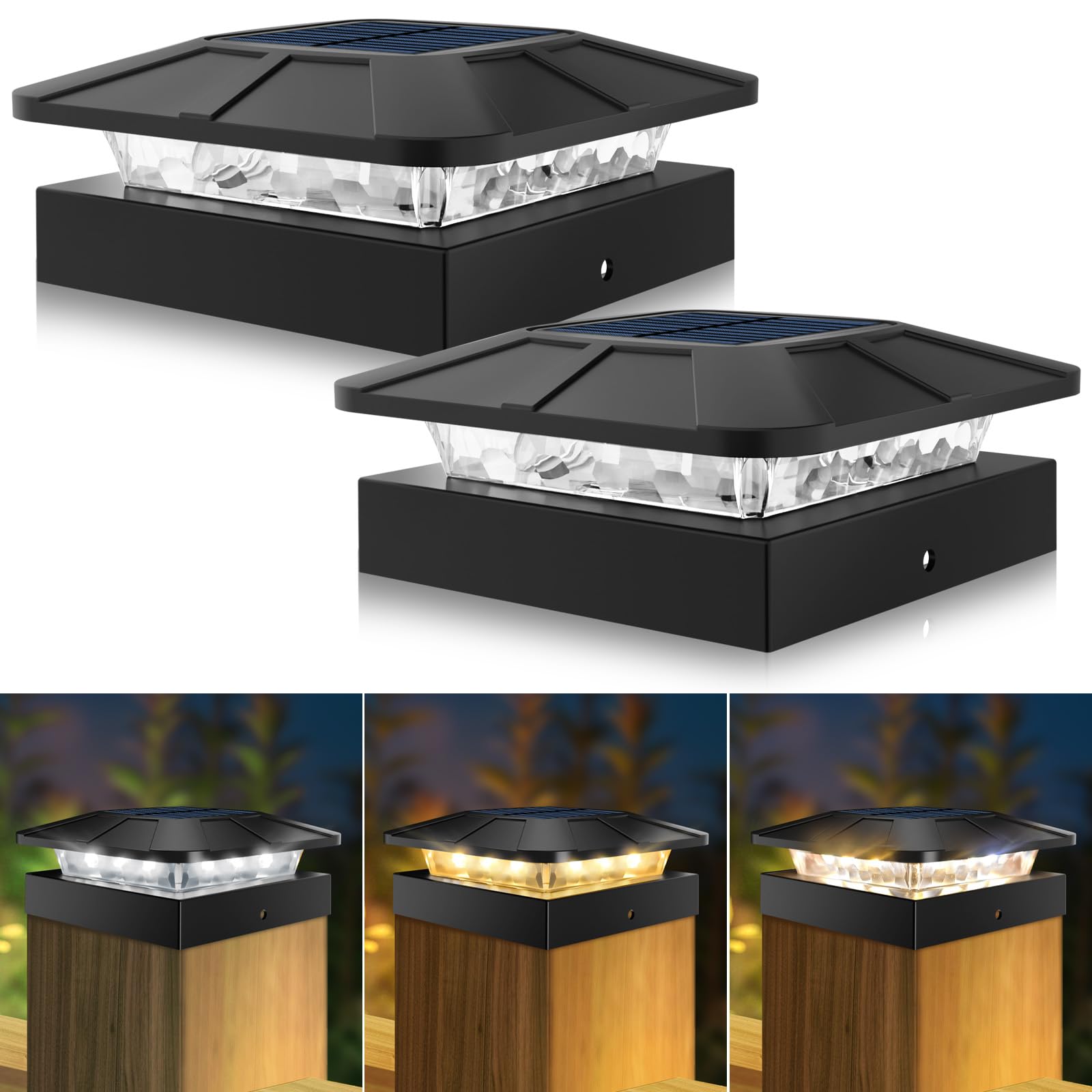 Peasur Solar Post Lights with 3 Modes, Dimmable Solar Powered Post Cap Lamp