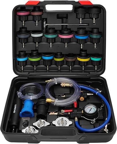 LLNDEI Kit de probador de presión de radiador de refrigerante, sistema de enfriamiento de prueba de 28 piezas, juego de fugas y recargas de vacío