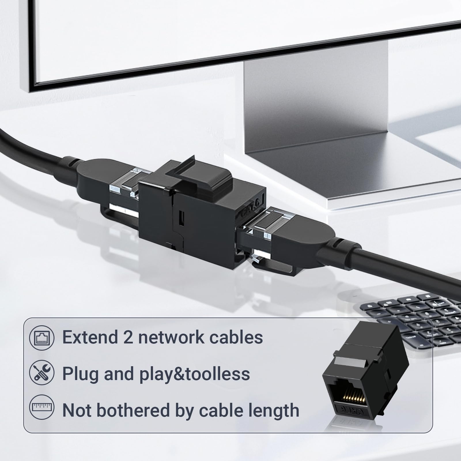 Cat6 RJ45 Keystone łącznik 25 sztuk, łącznik Ethernet żeński do żeńskiego, przedłużacz kabla Ethernet UTP Inline Cat6 Keystone gniazda do płyt ściennych i paneli krosowych, czarny