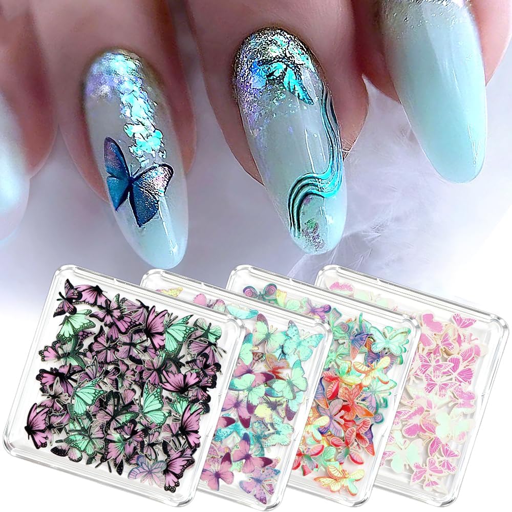 4 Boxes 3D Holographic Butterfly Nail Glitter Flakes Design Colorful Mixed Resin Butterfly Nail Charms Decorations Laser Butterflies Glitters Sequins Charms For Nails Supplies Manicure Accessories DIY