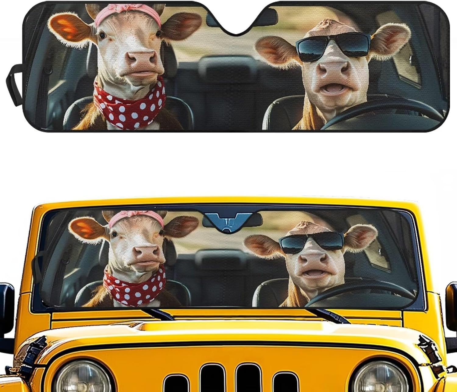 Funny Cow Windshield Sun Shade Compatible with Jeep Wrangler JK JKU JL JLU 1997-2023 & Jeep Gladiator JT 2020-2023 16.5"x52.5" Folding Front Window Sun Shade for Car Accessories