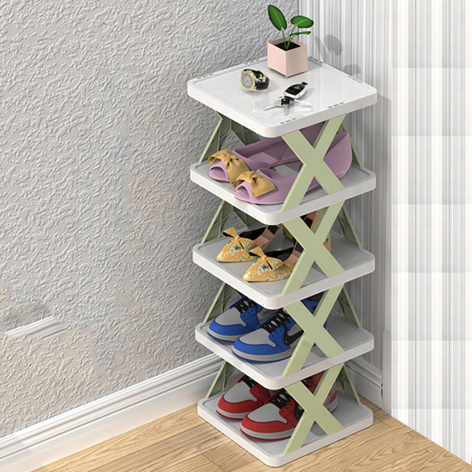 Multi-Layer Shoe Rack Storage Organizer, Multilayer Shoe Rack for Saving Space, Vertical Shoes Rack for Entryway, Corner, Small Spaces, Closet, Hallway (C-Light Green,5 Floors)