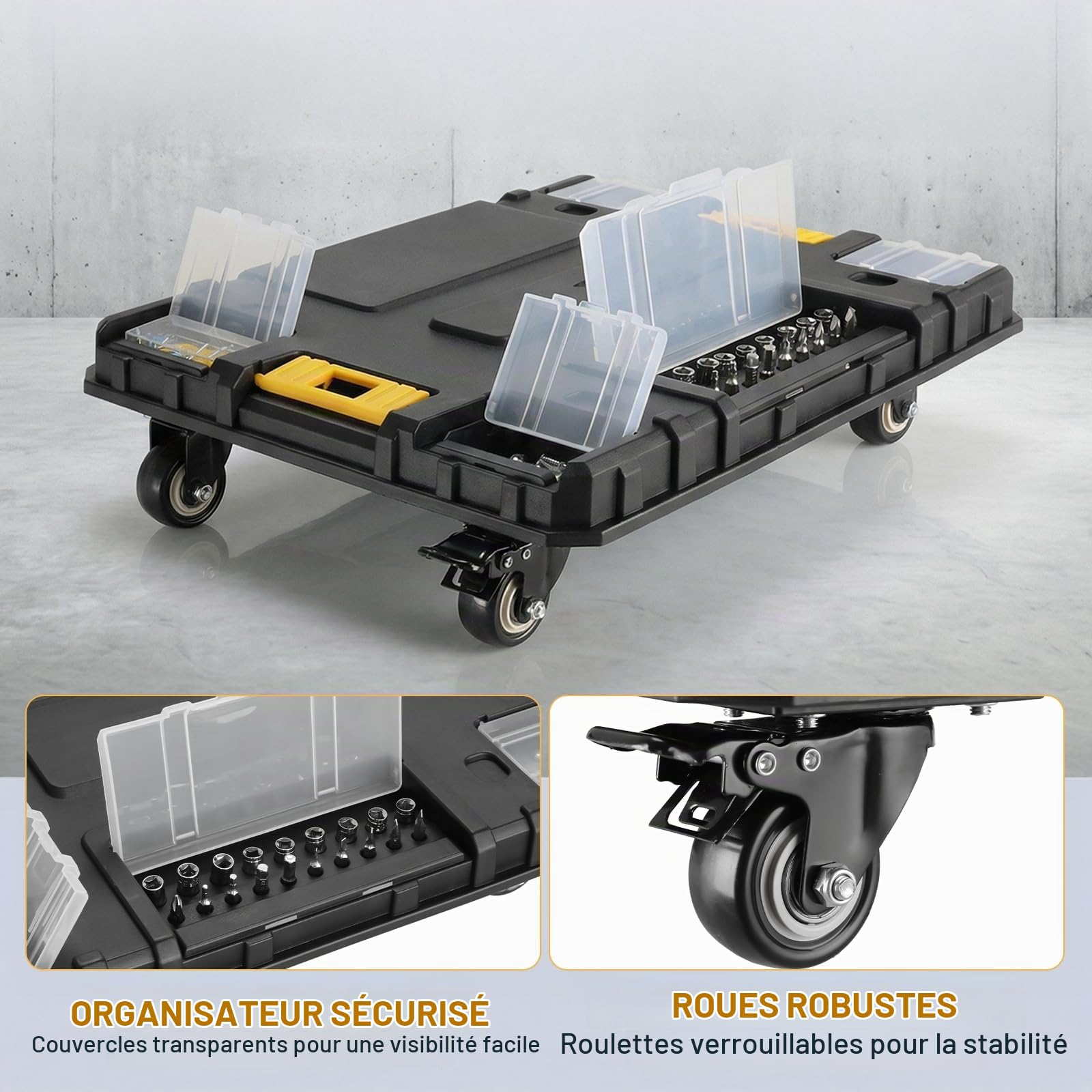 Chariot à Outils Modulaire 4-en-1, Système d'Empilage Robuste avec Roulettes (2 Freins), Tiroirs et Fermetures Métal, Idéal pour Garage, Chantier et Maison, 44,5 x 35 x 52 cm