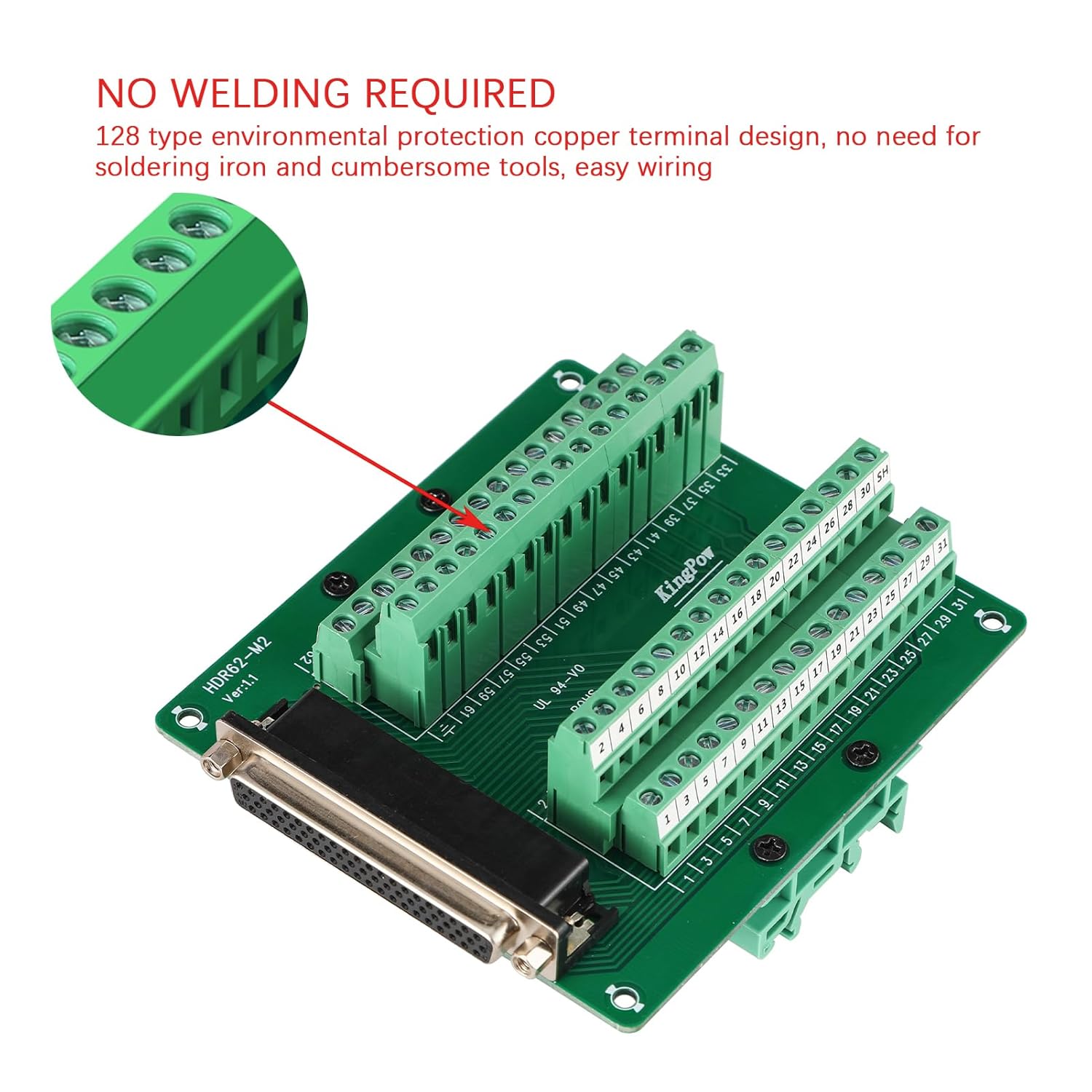 DB62 Solderless Connector, Female D-SUB Header to 62-pin Port Transfer Terminal Adapter Breakout Board with C45 PCB DIN Rail Mounting Bracket