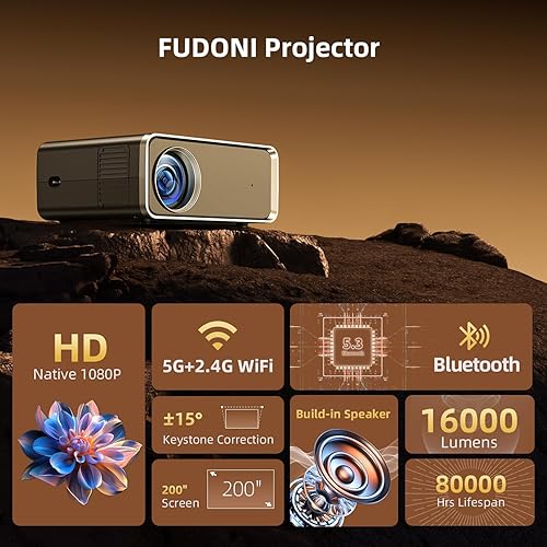 Miniatura 2 de FUDONI Proyector con WiFi y Bluetooth 4K compatible, proyectores de películas para exteriores mejorados de 16000L para exteriores Native 1080P FHD,