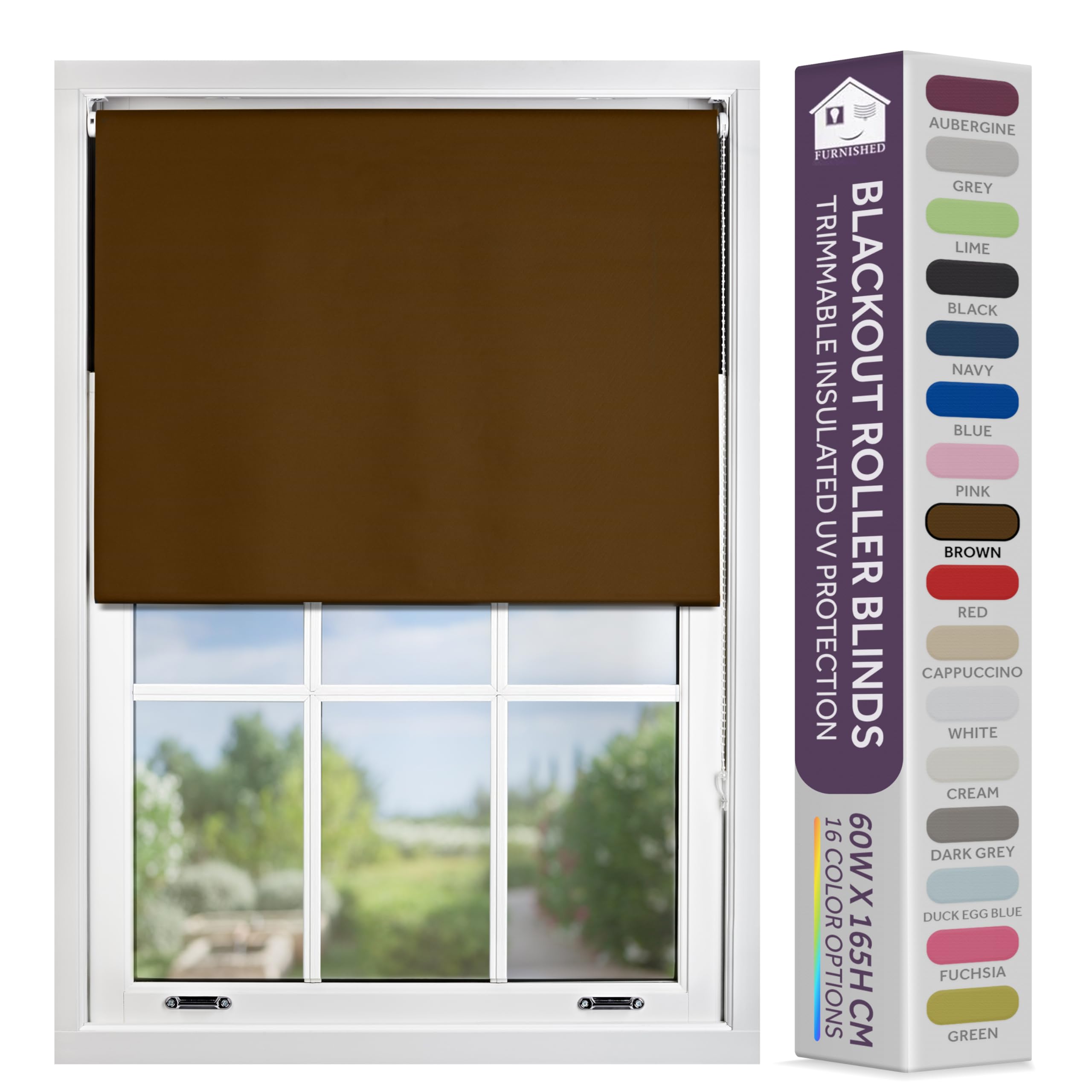 FURNISHED Blackout Roller Blind with Metal Fittings Trimmable Insulated Thermal Fabric Heavy-duty Easy Install Brackets Window Roller Blinds - Brown, 240W x 165H cm