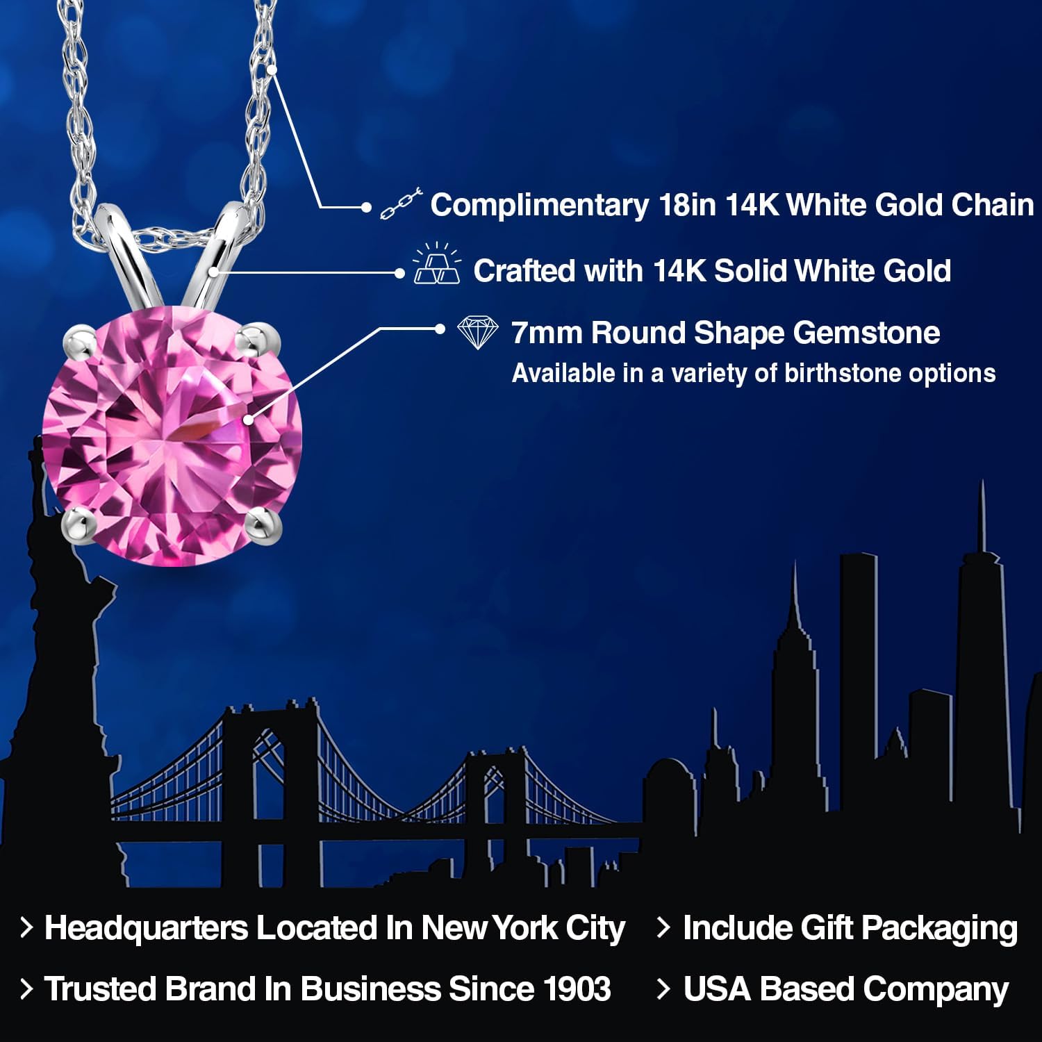 Gem Stone King 14K White Gold Pink Created Sapphire Pendant Necklace for Women | 1.66 Cttw | Gemstone September Birthstone | Round 7MM | With 18 Inch Chain - Image 2