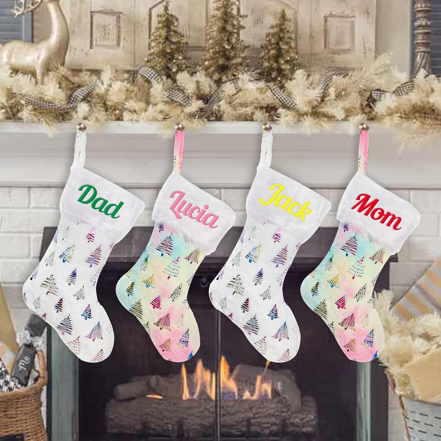 5Pcs Christmas Stockings Personalized, Large Custom Xmas Stockings with Colorful Tree, White Plush Hanging Christmas Stockings with Names, Family Christmas Stockings for Kids