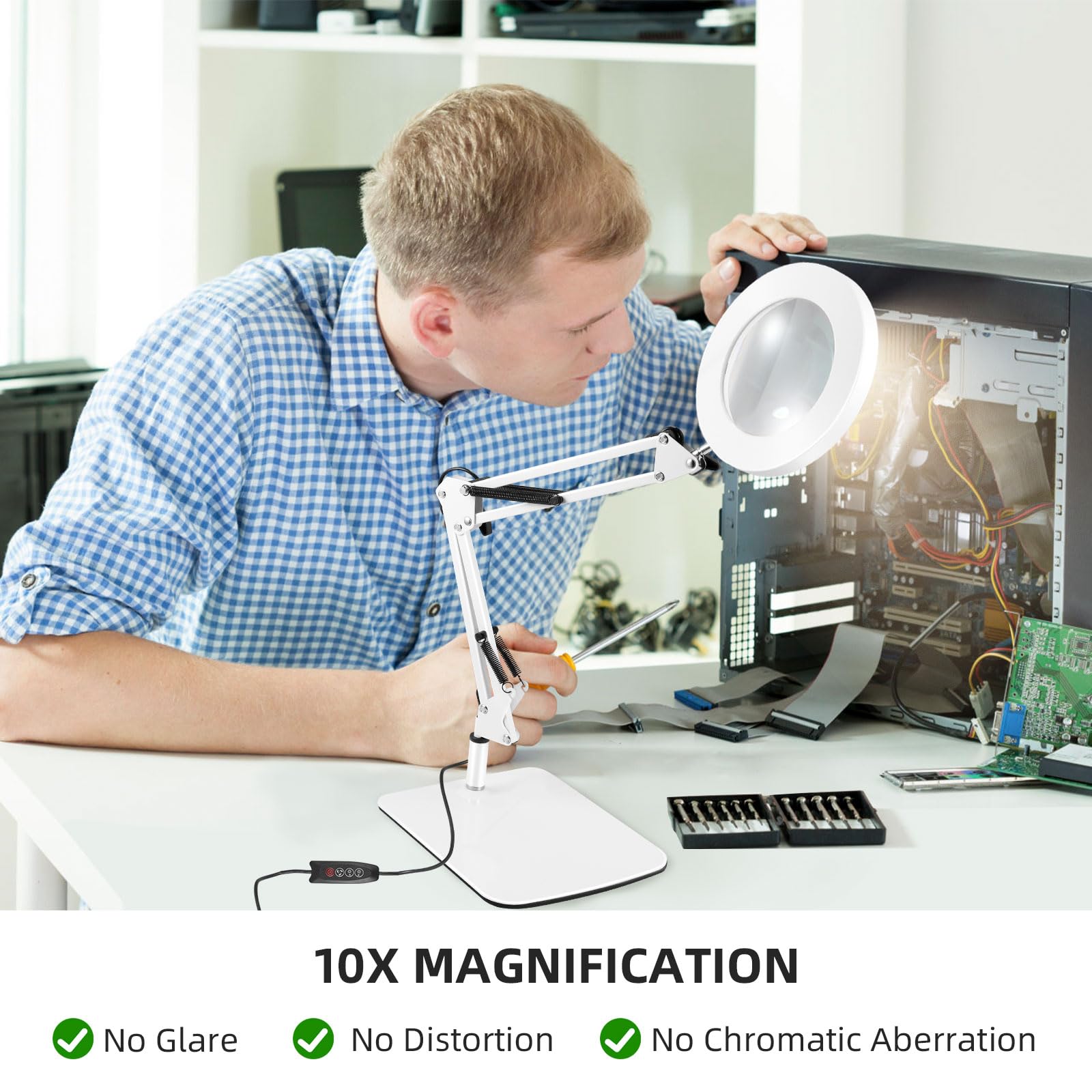 Towwoo Lampada con Lente d'Ingrandimento, 10X Lente d'ingrandimento da Tavolo con Luce e Supporto, 72 LED Dimmerabili, 3 Colore e 10 Livelli di Luminosità, per Lettura, Riparazione, Artigianato