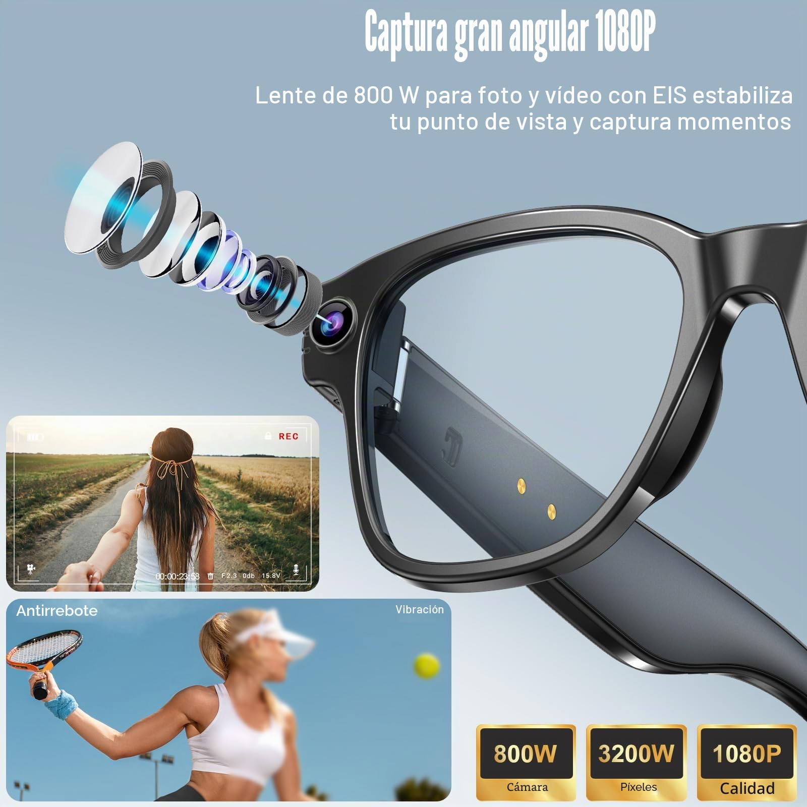 OBEST Gafas Bluetooth con cámara 1080P, gafas de sol inteligentes con grabación de foto/vídeo/audio, asistente de voz AI, traducción en tiempo real y telefonía Bluetooth