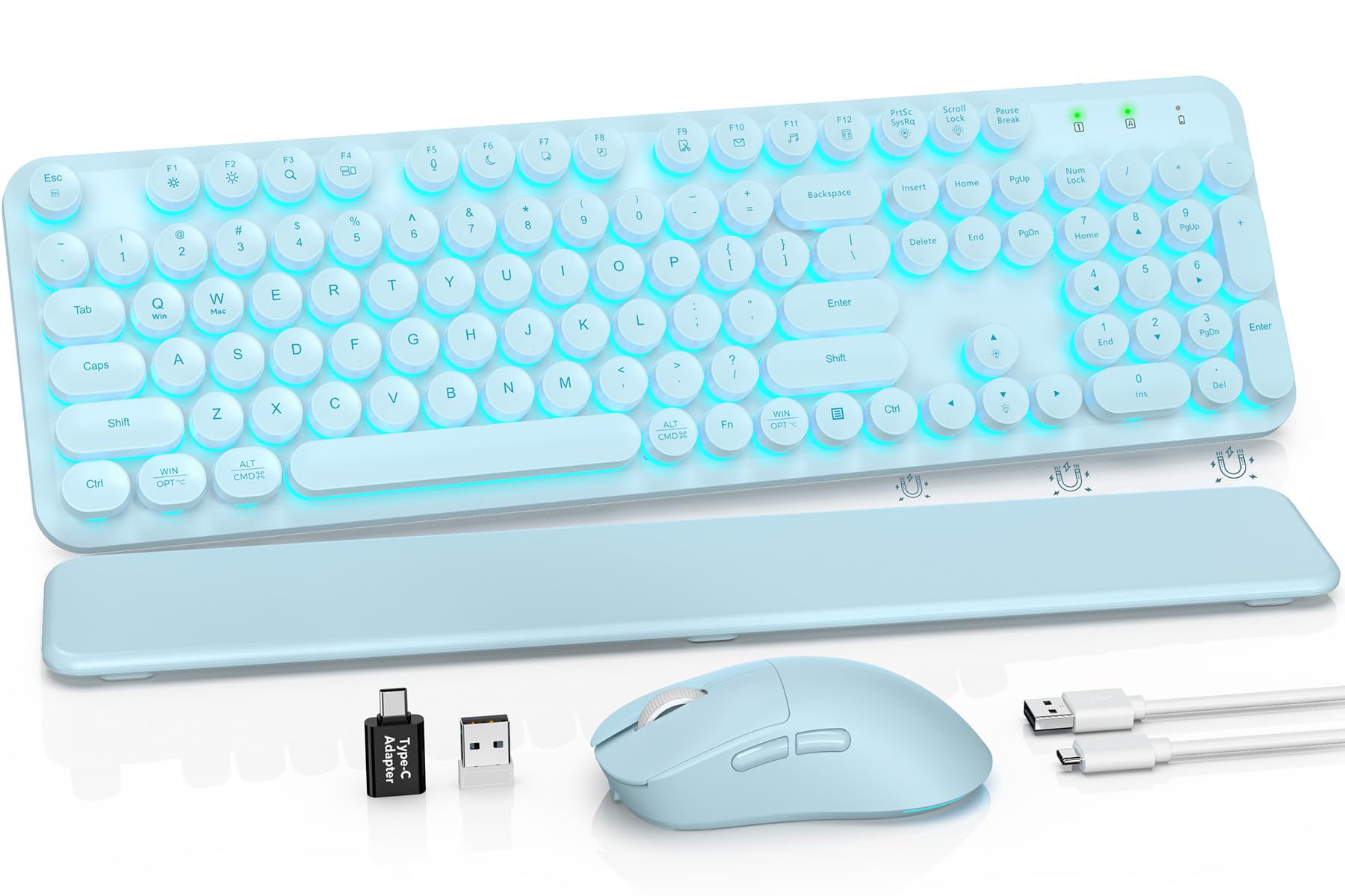Wireless Keyboard and Mouse Combo, Backlit Round Keycaps, Glowing Blue