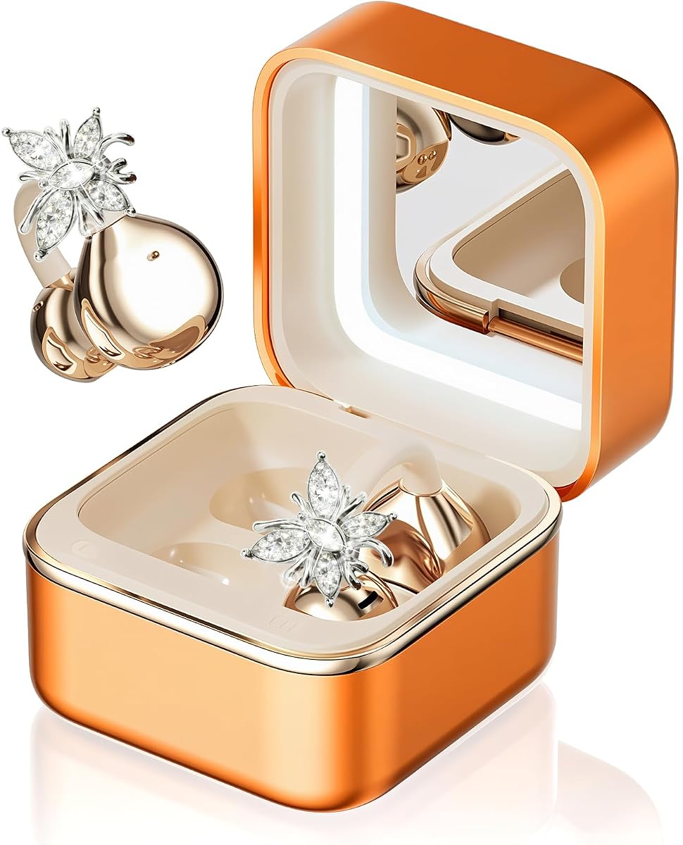 Clip on Open Ear Wireless Earbuds with Butterfly Earrings | Bluetooth 6.0 Wireless Headphones for Women Girl Gift, Jewelry Charging Box with Light & Mirror, Sports Workout, Orange