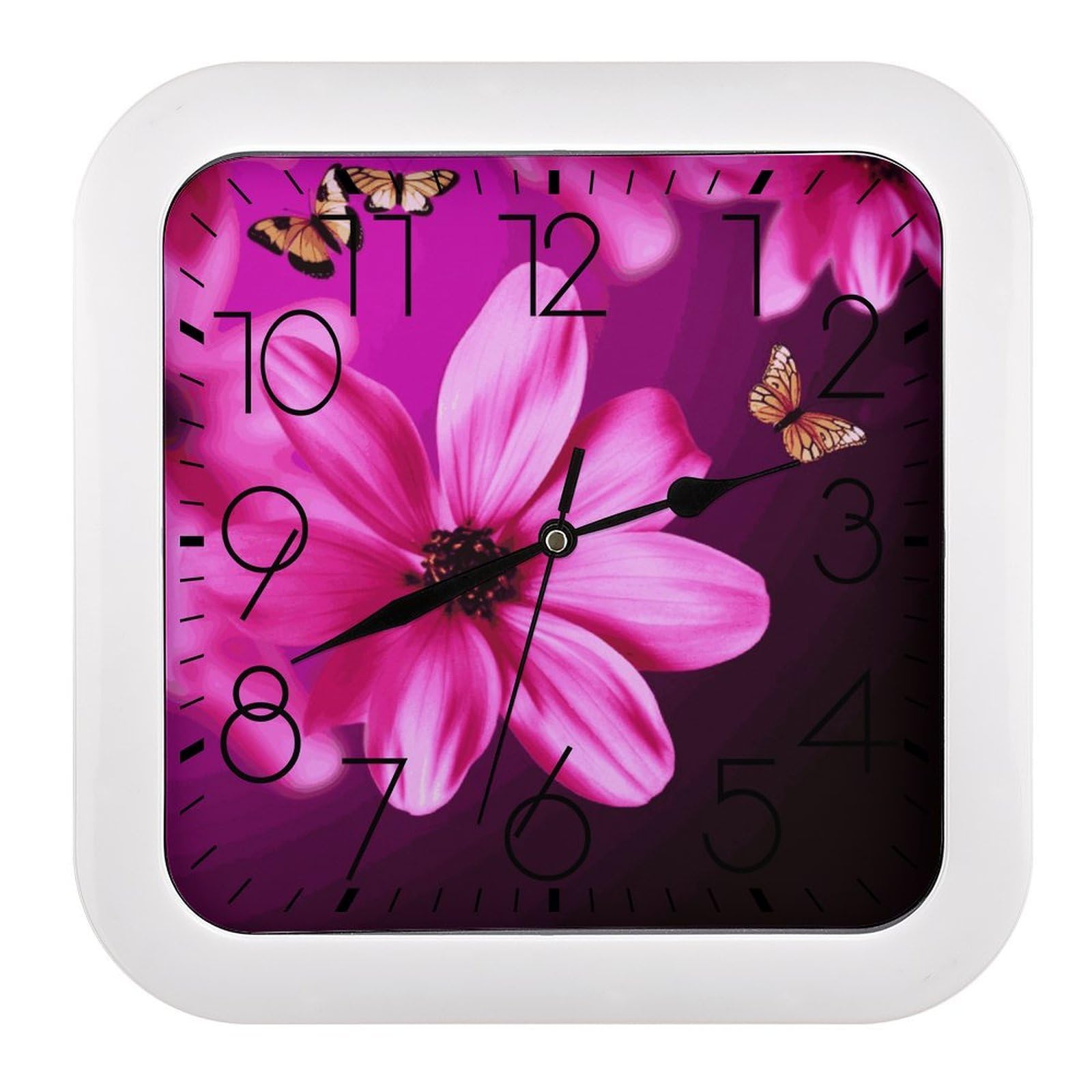 Horloge murale carrée rose au design minimaliste raffiné pour décoration d'intérieur haut de gamme