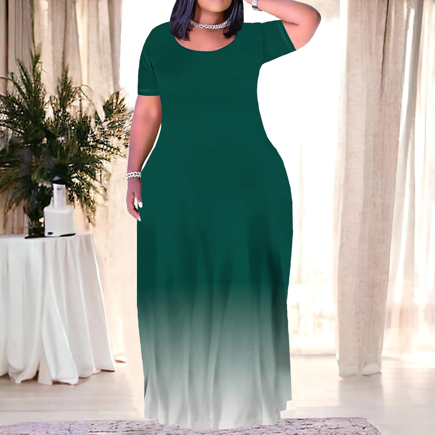 Women's Plus Size Maxi Dresses Short Sleeve Sundress Summer T-Shirt Beach Long Dress with Pockets - Image 3