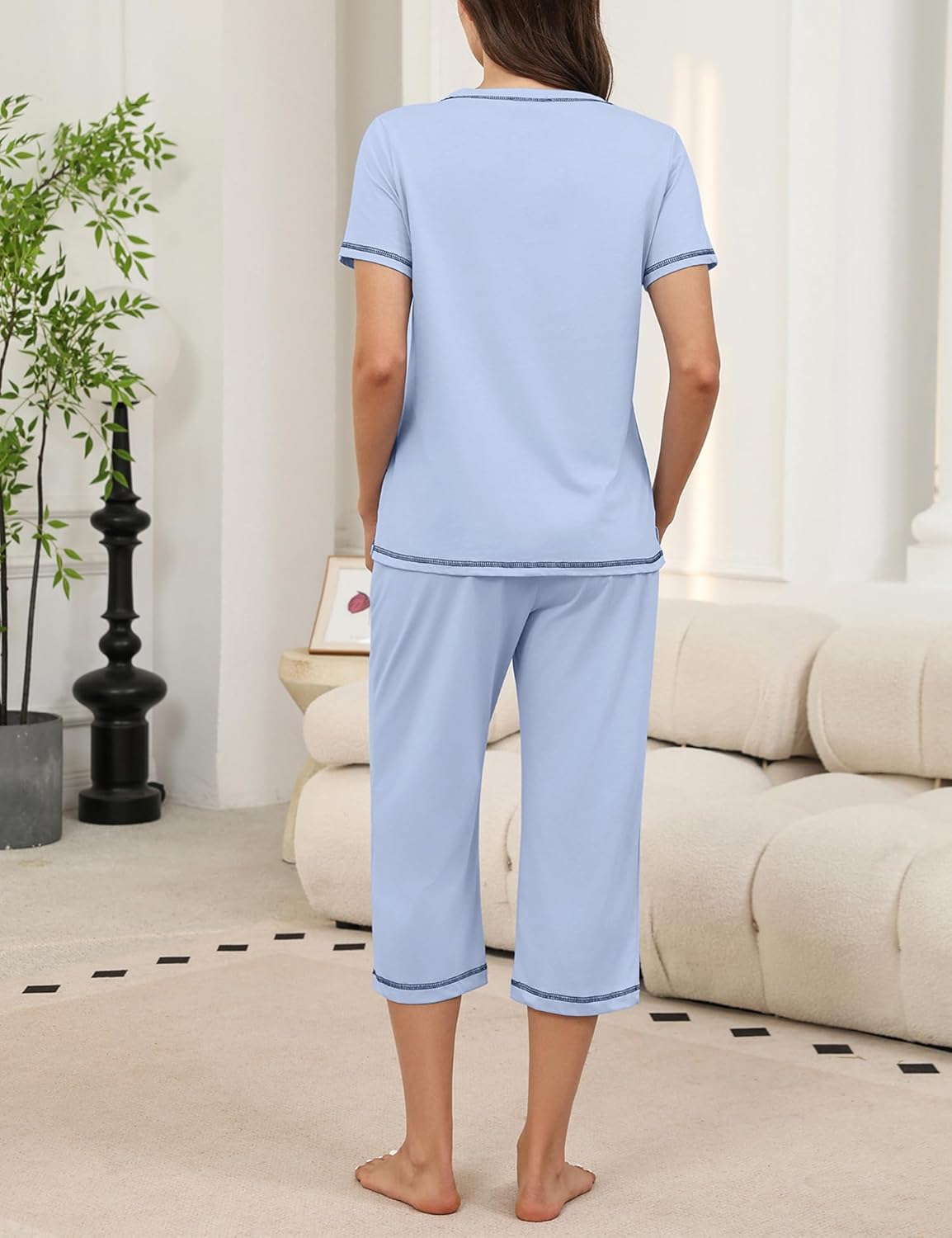 KCW Womens Pajama Sets 100% Cotton Pjs Set Short Sleeve Tops and Capri Pants 2 Piece Lounge Set with Pockets S-XXL