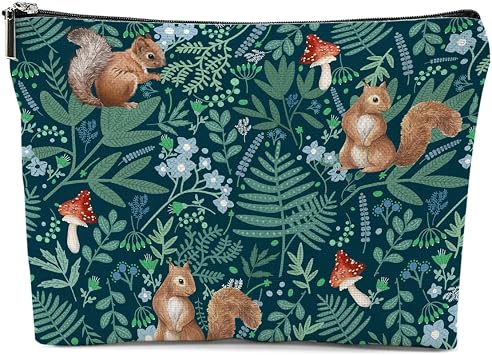 Forest Squirrel Makeup Bag, Botanical Squirrels Cosmetic Bag Travel Pouch