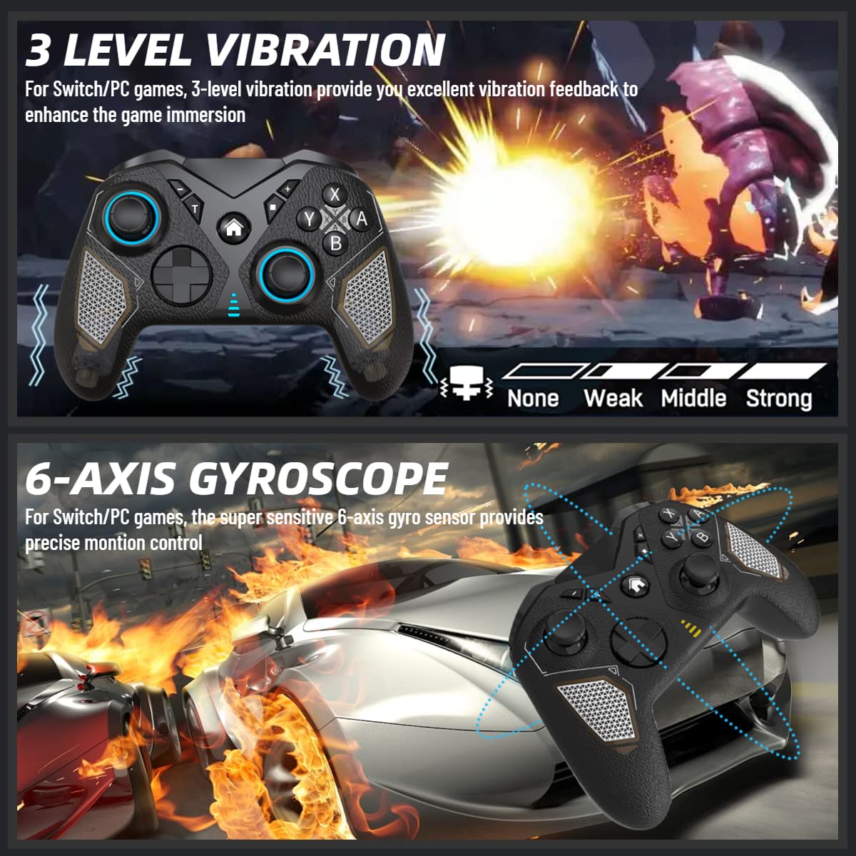 arVin Wireless Gaming Controller for iPhone/iOS/Android/PC/Steam/Switch Controllers Bluetooth Gamepad Joystick with 4 Back Button/Turbo/6-Axis Gyro/Dual Motors/RGB Light/Phone Holder/1200mAh Battery