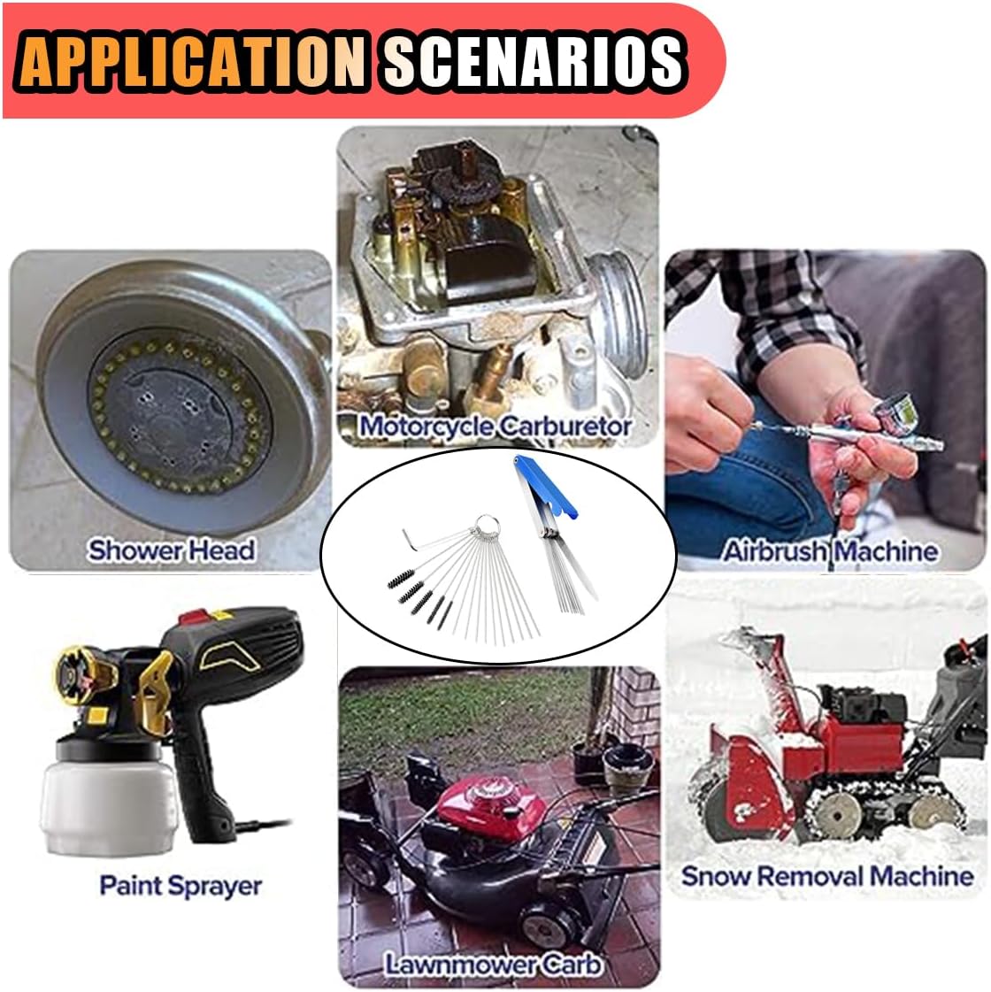 Carburetor Torch Tips Jet Remove Cleaner Made of Stainless Steel, Airbrush Cleaning Kit, 13 Cleaning Set+5 Nylon Brushes+10 Cleaning Needles+1 Throttle Wrench for Motorcycle Welder Carb Cleaner
