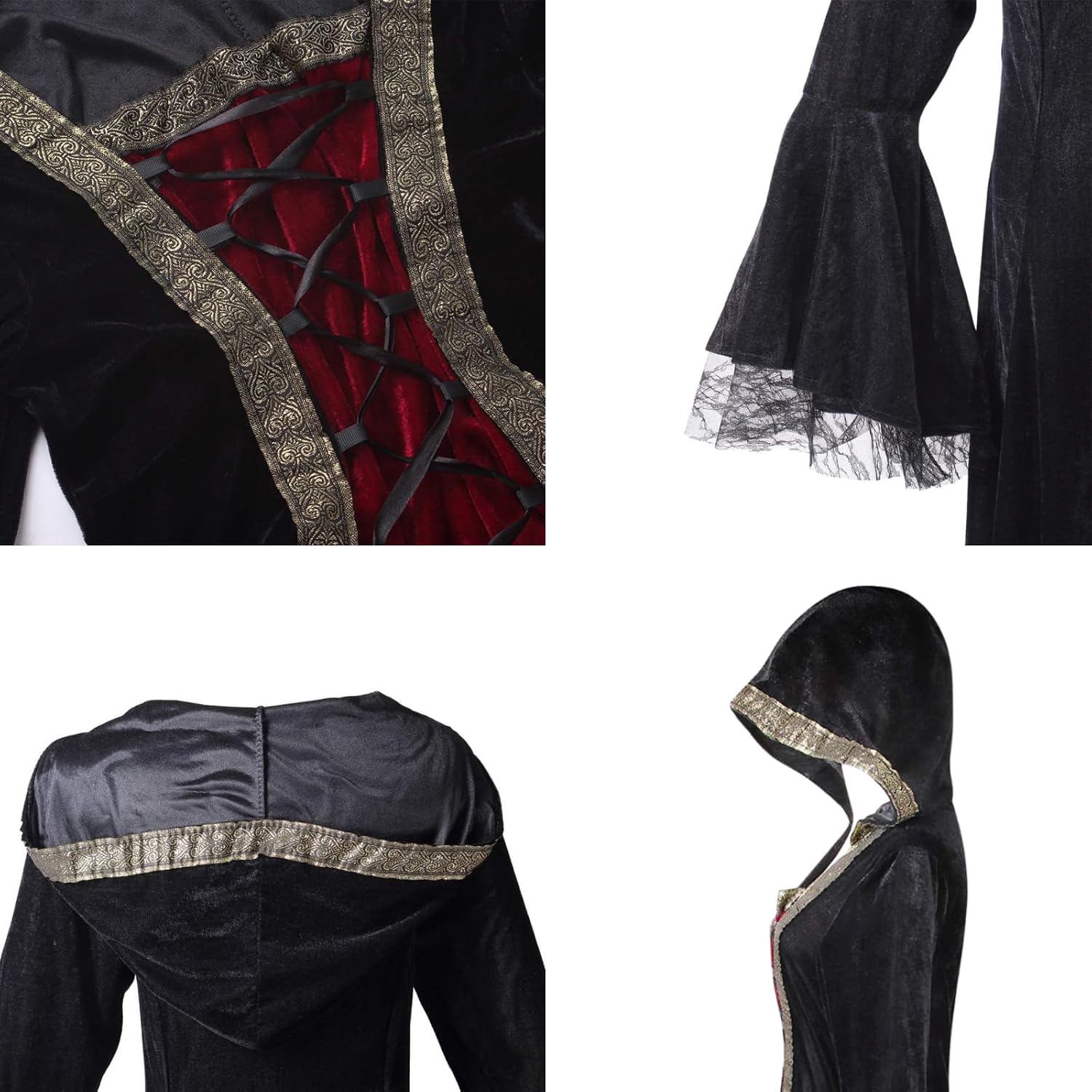 yolsun Women Medieval Dress, Renaissance Costume Women Halloween Victorian Velvet Flare Sleeves Witch Outfit