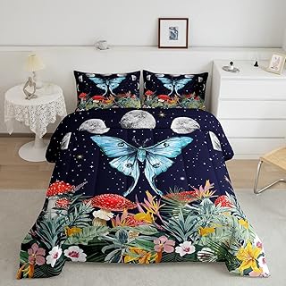 Erosebridal Blue Butterfly Comforter Set for Girls Women,Moon Phase Bedding Set Twin Size Cute Mushroom Duvet Insert Floral Flower Quilted Comforter,Starry Night Mystic Stars Bedroom Decor