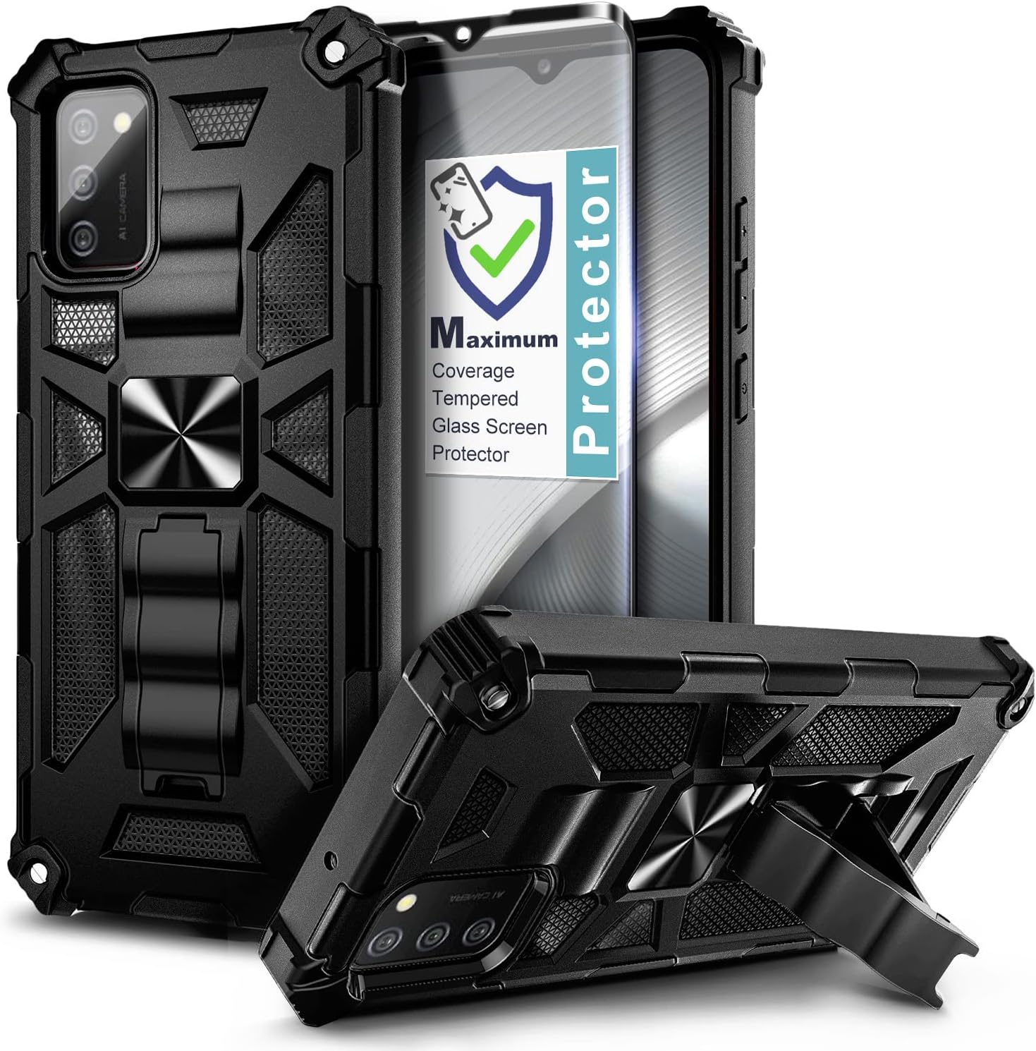 NZND Samsung Galaxy A02S Case with Tempered Glass Screen Protector, Full-Body Protective Shockproof [Military-Grade], Built in Kickstand, Heavy-Duty Durable Case (Black)