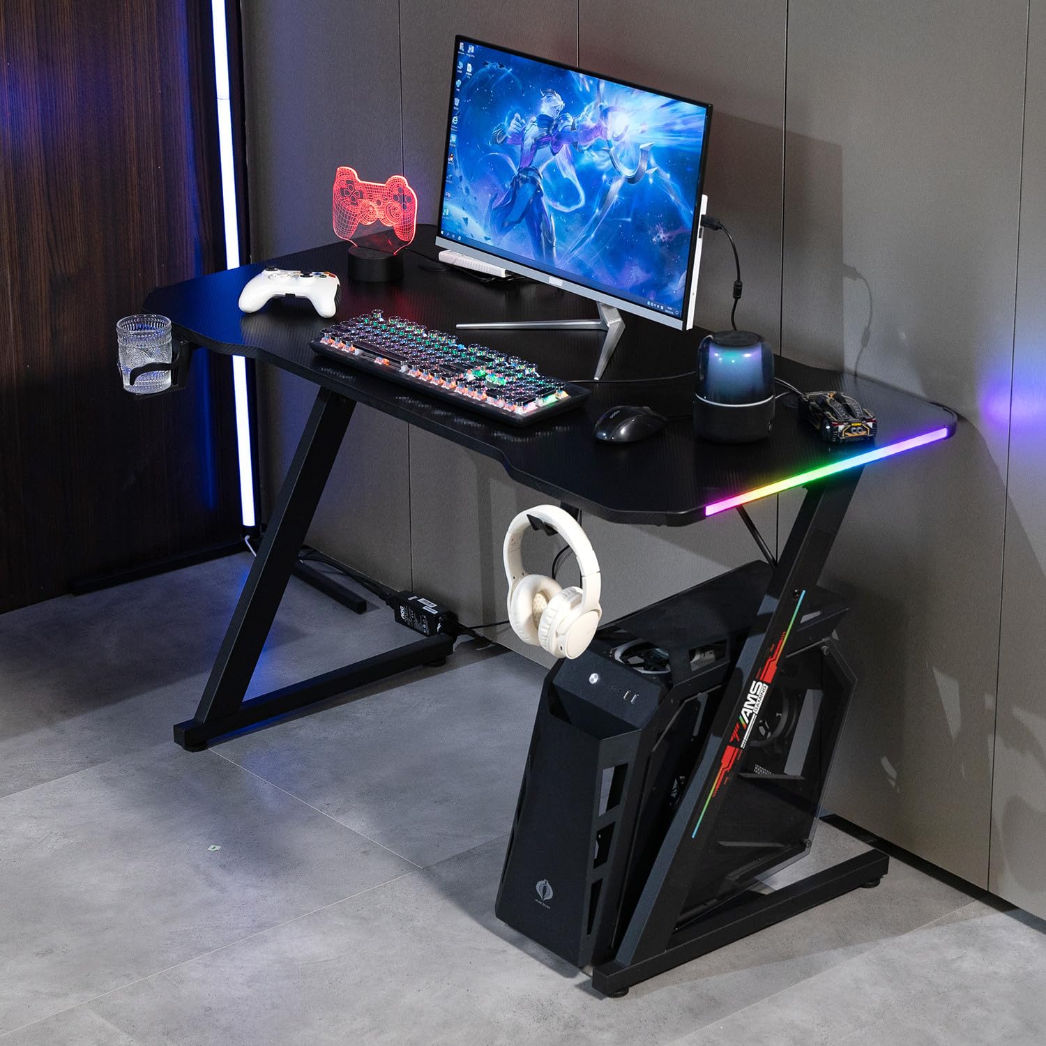 Bureau Gamer GAMERDESK#120Z-LED retroéclairage RGB - 1m20 - Style Carbone - Porte gobelet & Casque - Télécommande
