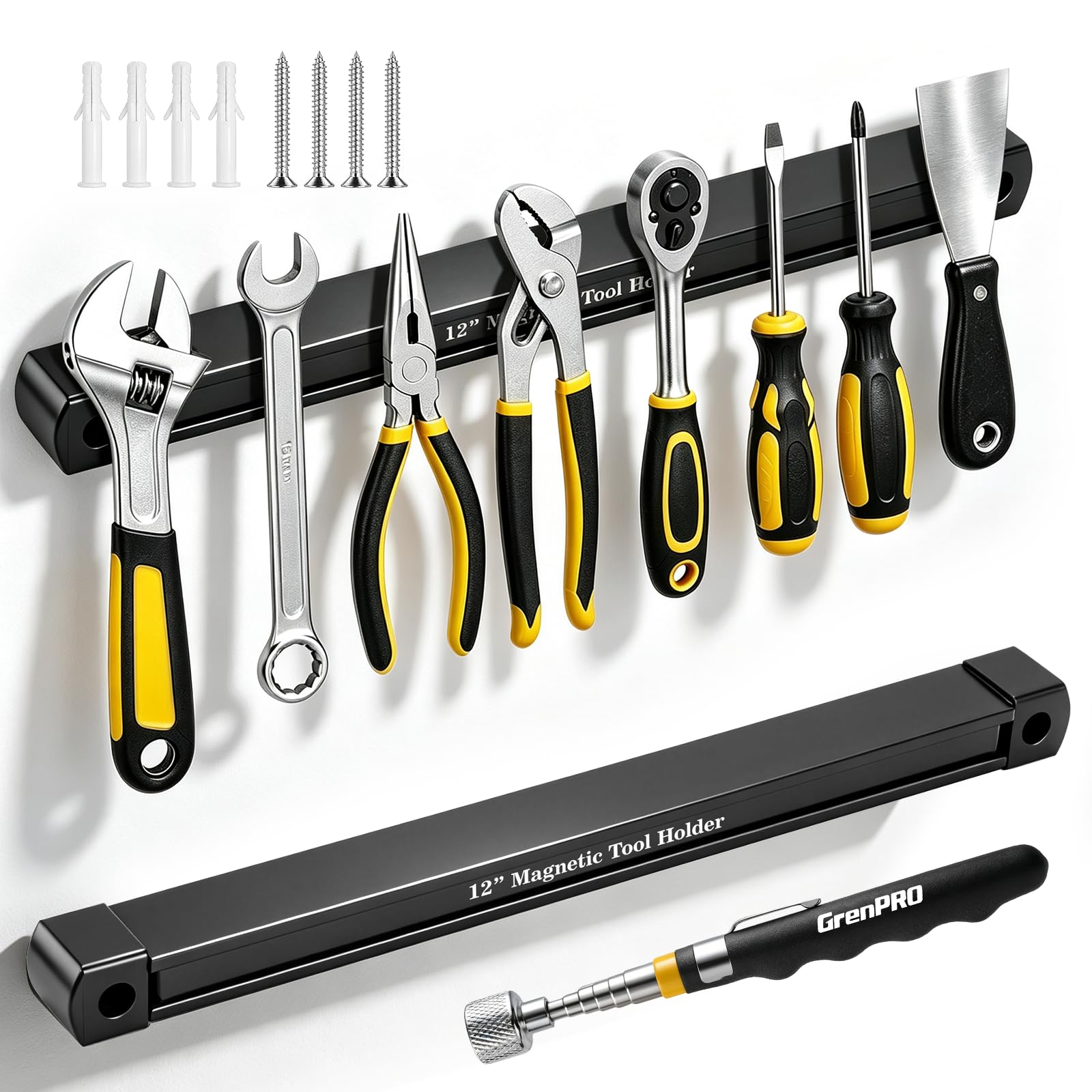 GRENPRO Double-Sided Magnetic Tool Holder, 12" Magnetic Tool Bar, 110 lb