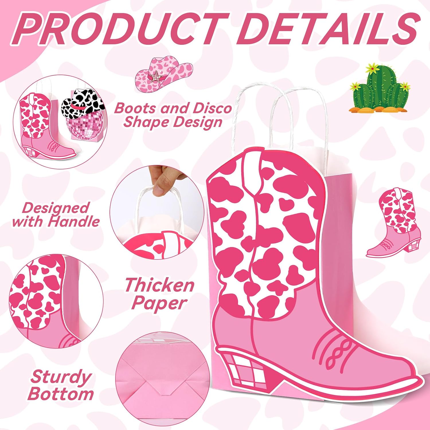 Justforjoyful 12PCS Disco Cowgirl Birthday Party Favors Bags Bachelorette Party Decors Western Treat Bags for 80s 90s Cowgirl Boots Paper Goodie Boxes Hot Pink Gift Bulk Last Rodeo Supplies image 3