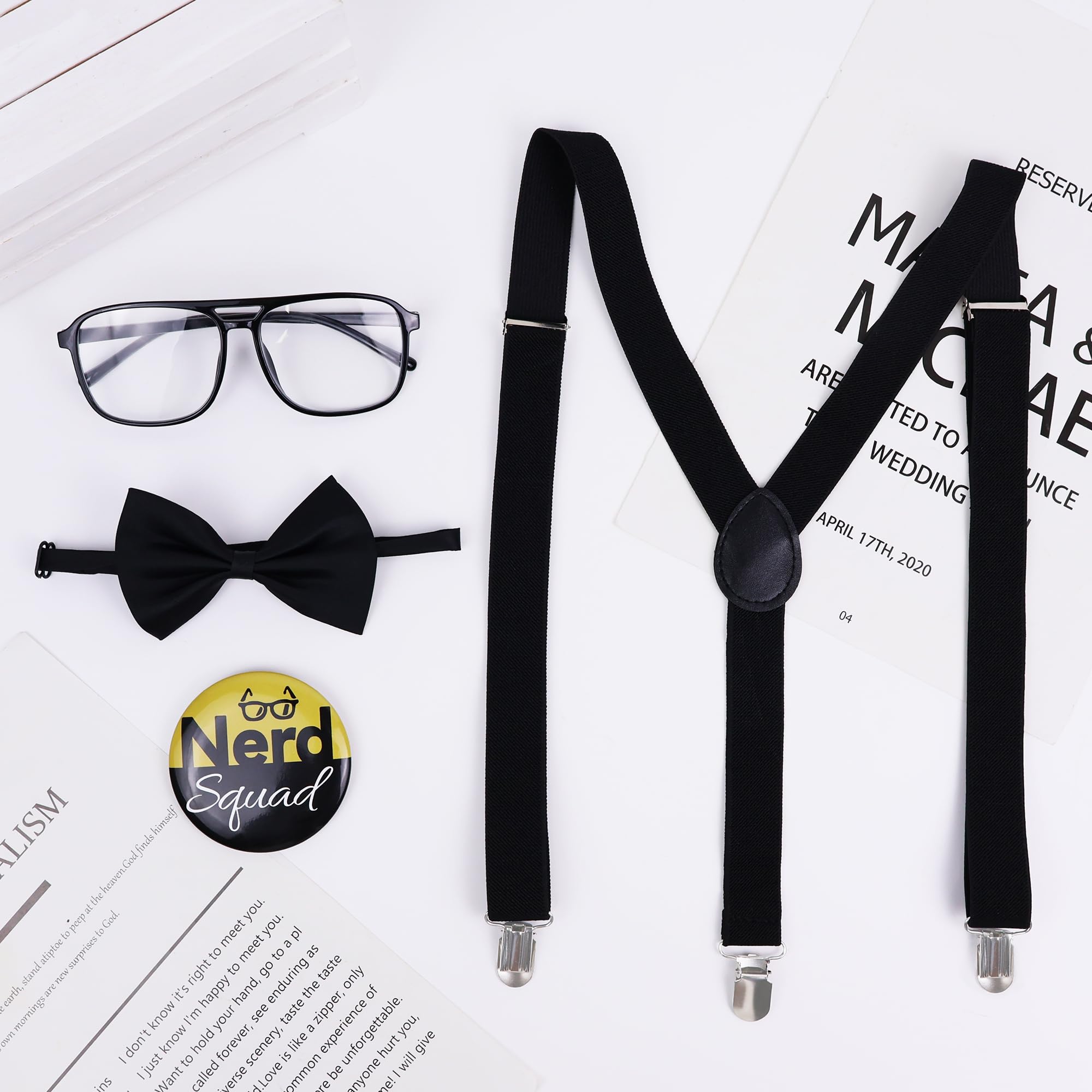 Yezmo 4 PCS Nerd Costume Accessories, Nerd Costume Set including Black Suspenders Bow Tie Glasses Badge for Men Women for Cosplay - Image 4