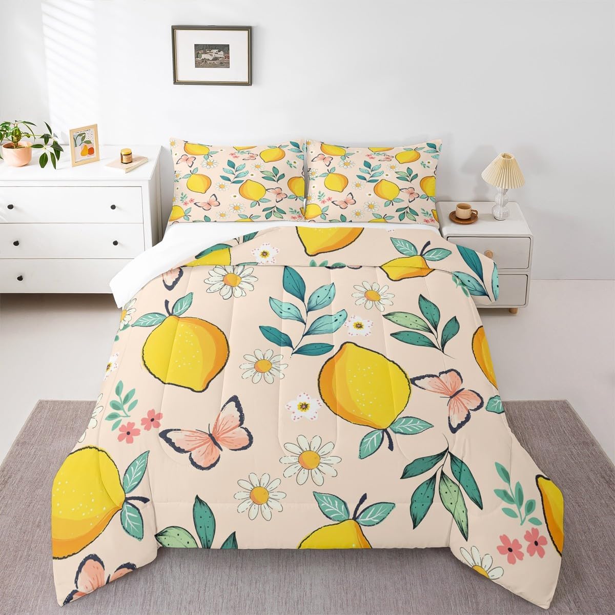 Cartoon Lemons Kids Comforter Set Twin Size,Daisy Flowers Butterfly Rustic Bedding Set,Girls Boys Adults Room Decor,Leaves Plants Summer Down Comforter,Colorful Bright Duvet Insert,1 Pillowcase