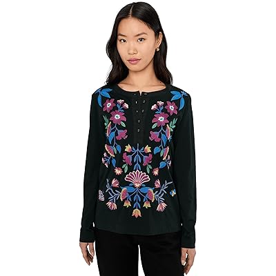 Johnny Was Mixed Media Henley T-shirt - Elizabeth black