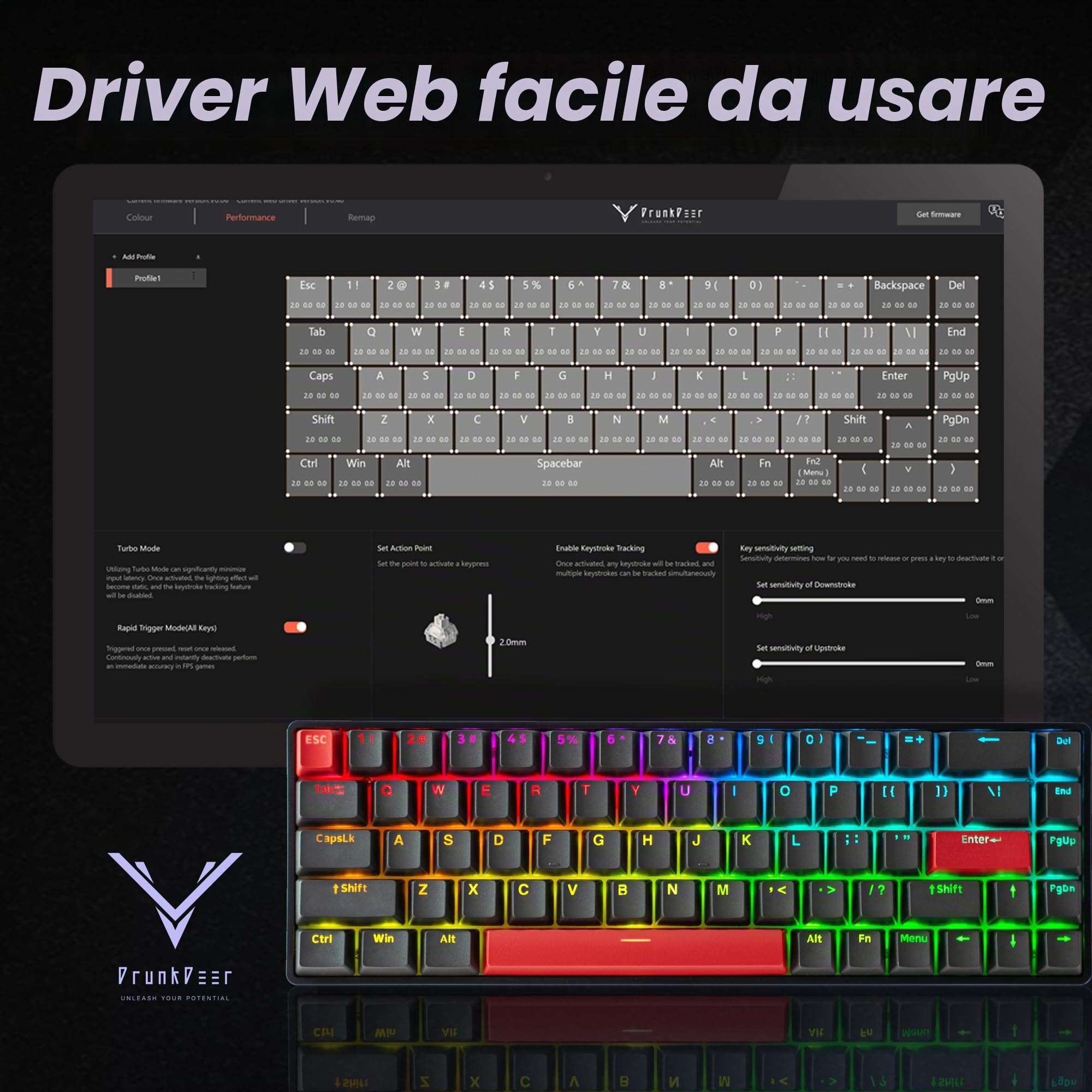 DrunkDeer G65 Rapid Trigger Tastiera meccanica Interruttori magnetici Gaming PBT Keycaps RGB Wired 65% Dimensione compatta Anti-ghosting Nero