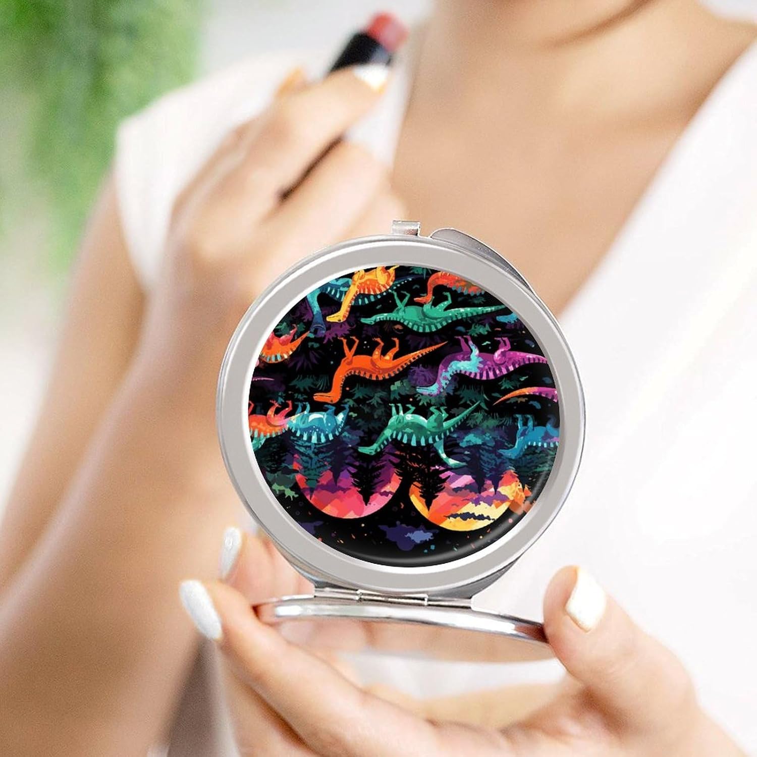 Colorful Dinosaurs on Black Background Makeup Mirror Lightweight Compact Mirror Portable Folding Travel Mirror 2-Sided Round Handheld Beauty Mirrors Mini Pocket Mirrors for Gift image 4