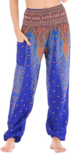Nuofengkudu Women's Harem Hippie Yoga Pants Baggy Boho Patterned Smocked High Waist with Pockets Thai Fisherman Trousers Summer Beach