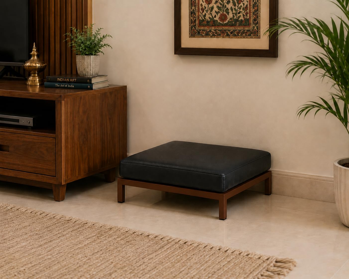 84104 Prayer Stool, Pooja Stool, Low seat for Living Room, Indian Seating, Meditation Chair - Outdoor Seating for Home, Balcony or Library - Brown Frame with Black Cushion-image-3